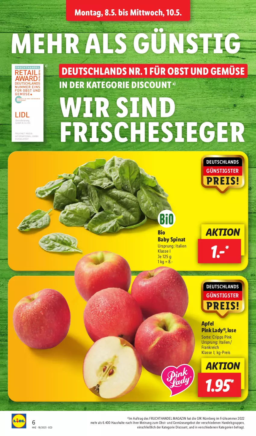 Aktueller Prospekt Lidl - Aktionsprospekt - von 08.05 bis 13.05.2023 - strona 6 - produkty: angebot, apfel, bio, discount, eis, ente, frucht, magazin, obst, Obst und Gemüse, Pink Lady, reis, spinat, Ti, und gemüse