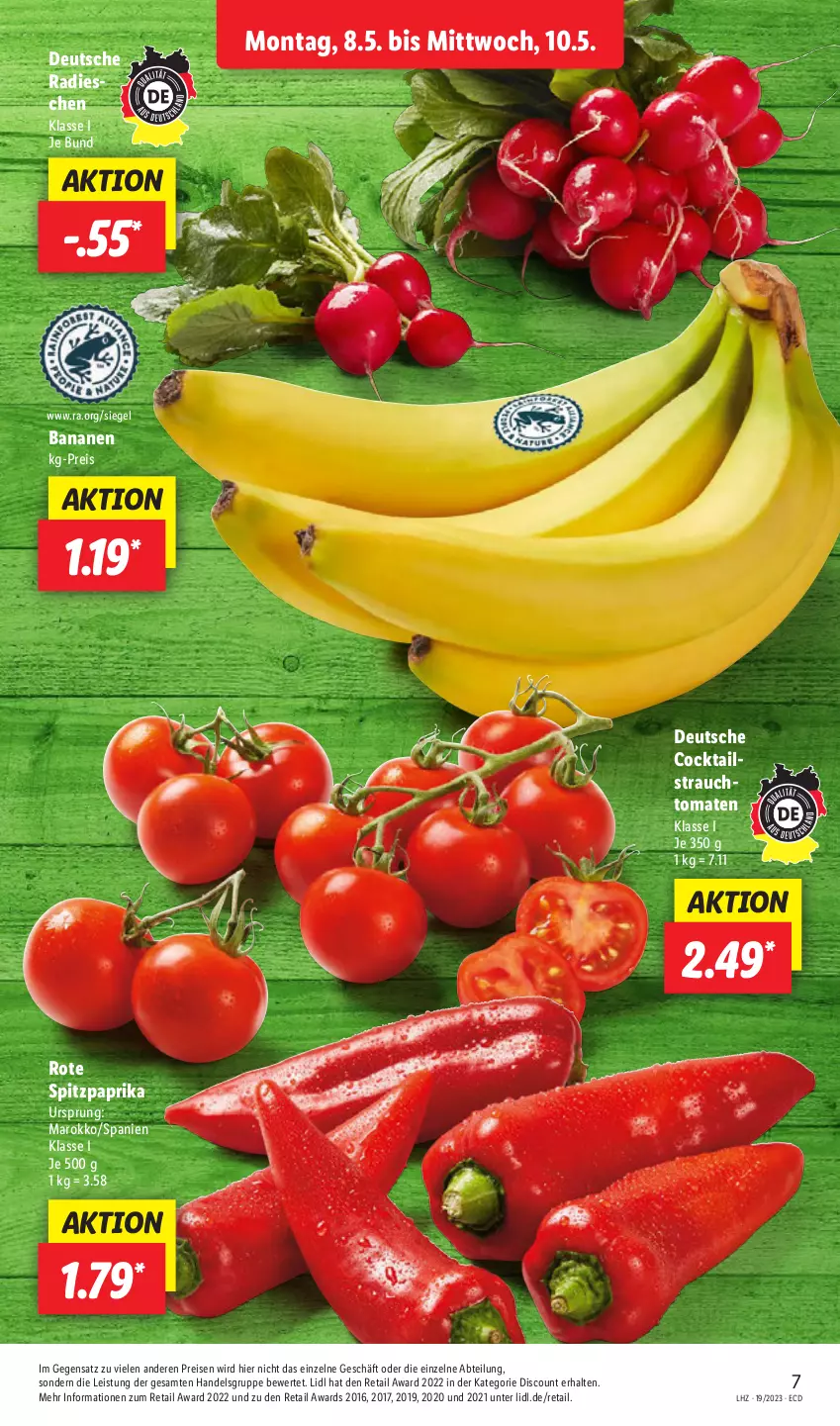 Aktueller Prospekt Lidl - Aktionsprospekt - von 08.05 bis 13.05.2023 - strona 7 - produkty: Abtei, banane, bananen, cocktail, cocktails, discount, eis, paprika, radieschen, Rauch, reis, Spitzpaprika, strauchtomaten, Ti, tomate, tomaten