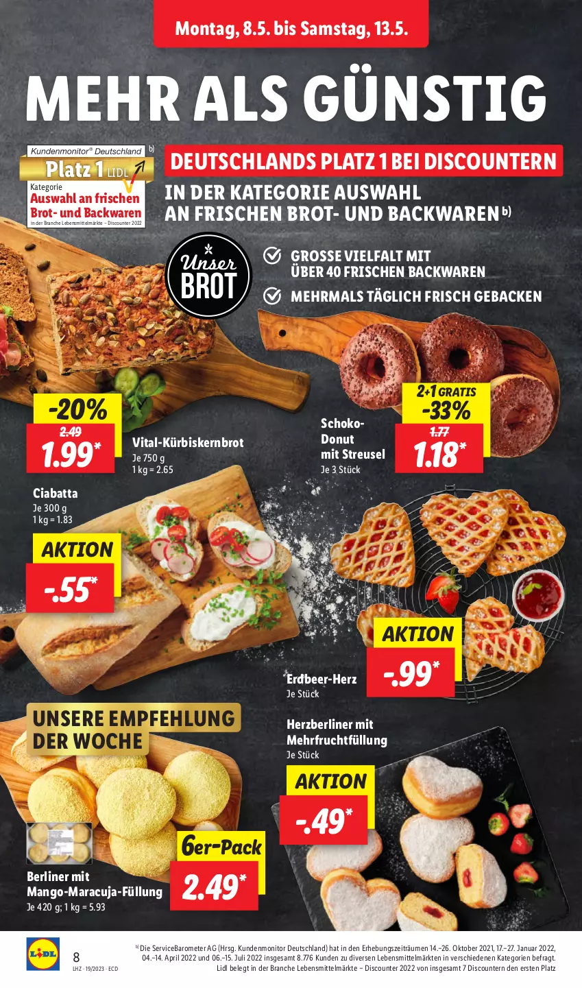 Aktueller Prospekt Lidl - Aktionsprospekt - von 08.05 bis 13.05.2023 - strona 8 - produkty: backwaren, berliner, brot, ciabatta, discount, Donut, frucht, geback, Kürbis, lebensmittel, mango, maracuja, monitor, pril, schoko, Ti, vita