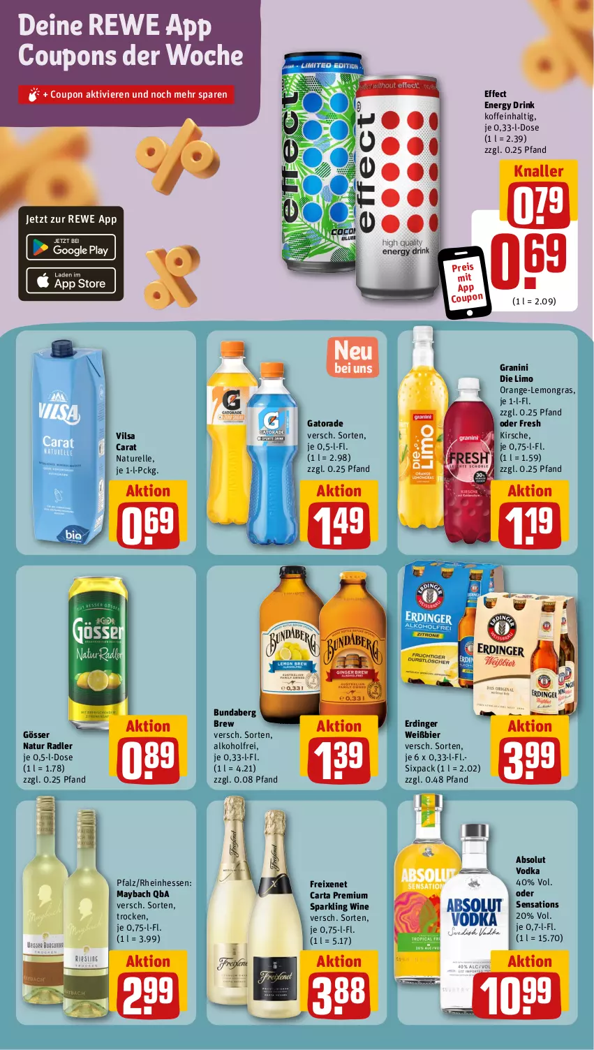 Aktueller Prospekt Rewe - Prospekte - von 12.08 bis 17.08.2024 - strona 11 - produkty: Absolut Vodka, alkohol, bier, Bundaberg, coupon, coupons, drink, Effect, eis, elle, energy drink, erdinger, freixenet, gösser, granini, granini die limo, kirsch, kirsche, limo, maybach, natur, natur radler, orange, radler, reis, rel, sensations, Ti, vilsa, vodka