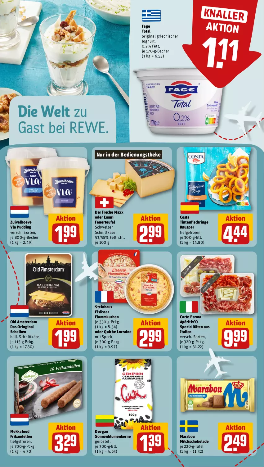 Aktueller Prospekt Rewe - Prospekte - von 12.08 bis 17.08.2024 - strona 12 - produkty: Becher, blume, blumen, dell, dovgan, elle, emmi, fisch, flammkuchen, gin, Griechischer Joghurt, joghur, joghurt, Käse, kuchen, lamm, Marabou, milch, Old Amsterdam, pudding, Quiche, ring, schnittkäse, schoko, schokolade, schweizer schnittkäse, sonnenblume, sonnenblumen, Sonnenblumenkerne, Speck, Spezi, steinhaus, Ti, Tintenfischringe