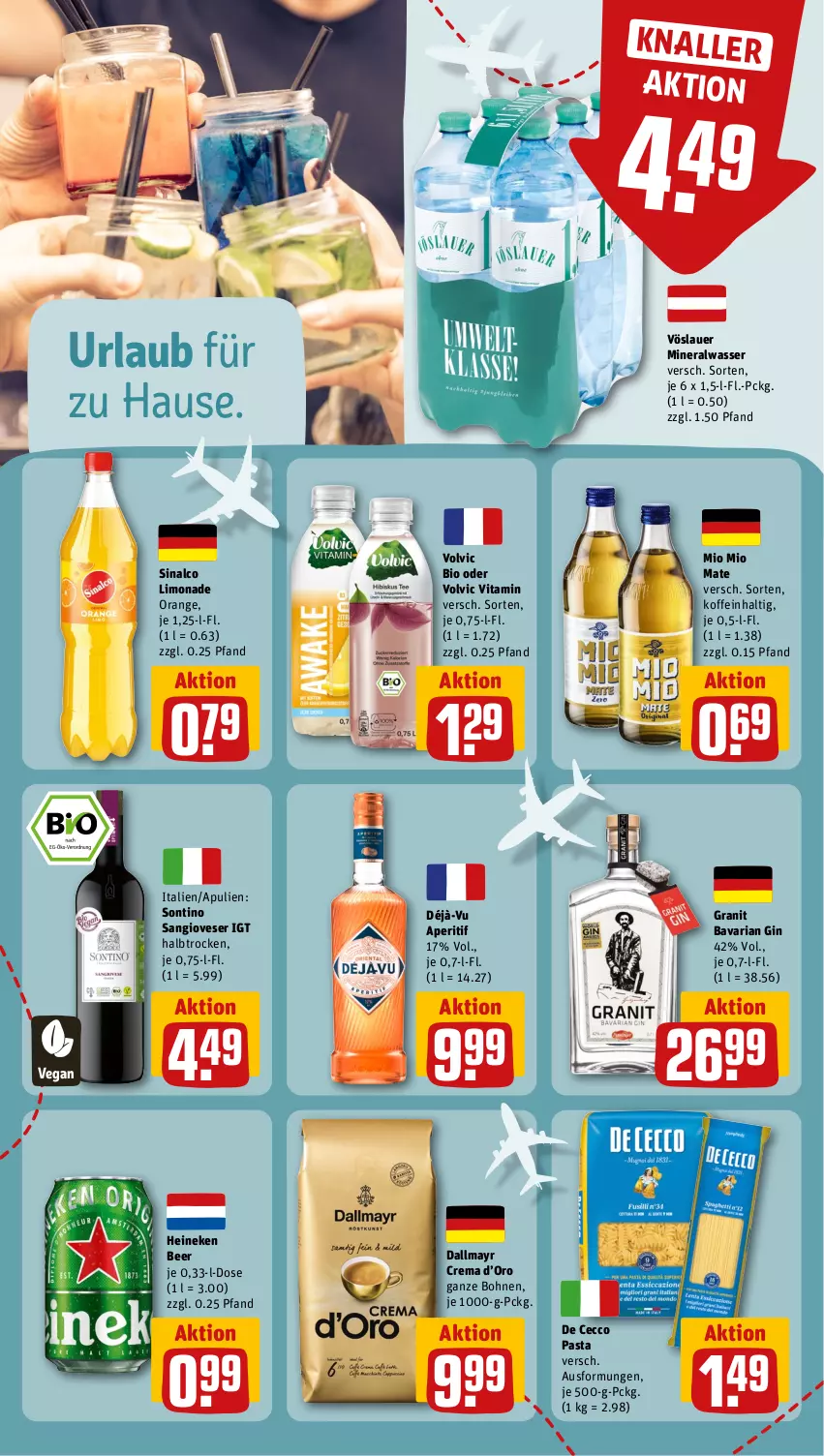 Aktueller Prospekt Rewe - Prospekte - von 12.08 bis 17.08.2024 - strona 13 - produkty: Alwa, aperitif, auer, bio, bohne, bohnen, dallmayr, De Cecco, ecco, gin, heineken, limo, limonade, mineralwasser, Mio Mio, orange, pasta, Ria, sinalco, Ti, vita, volvic, vöslauer, wasser