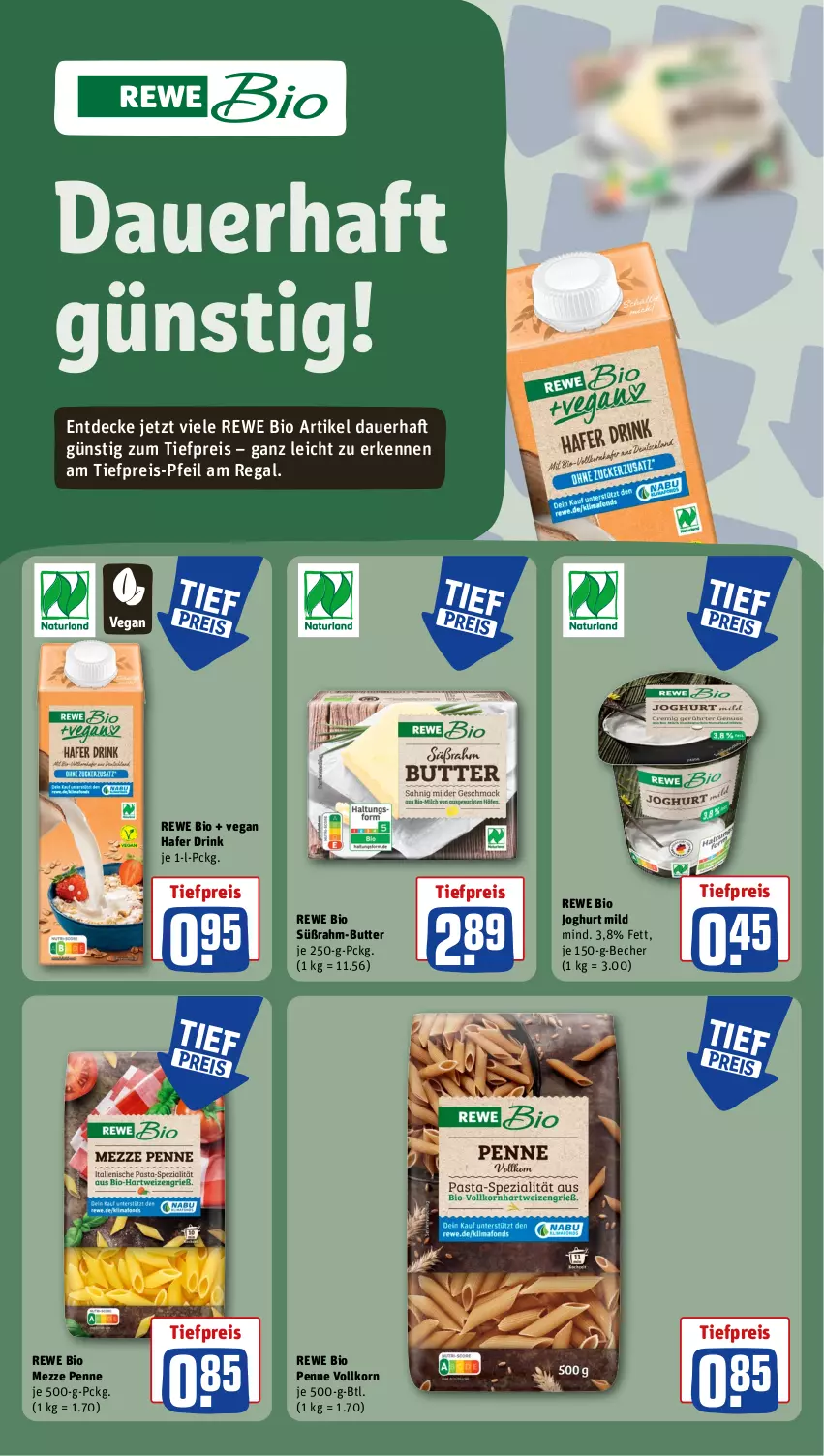 Aktueller Prospekt Rewe - Prospekte - von 12.08 bis 17.08.2024 - strona 14 - produkty: auer, Becher, bio, butter, decke, drink, eis, hafer, joghur, joghurt, joghurt mild, korn, penne, regal, reis, rewe bio, Ti, tiefpreis