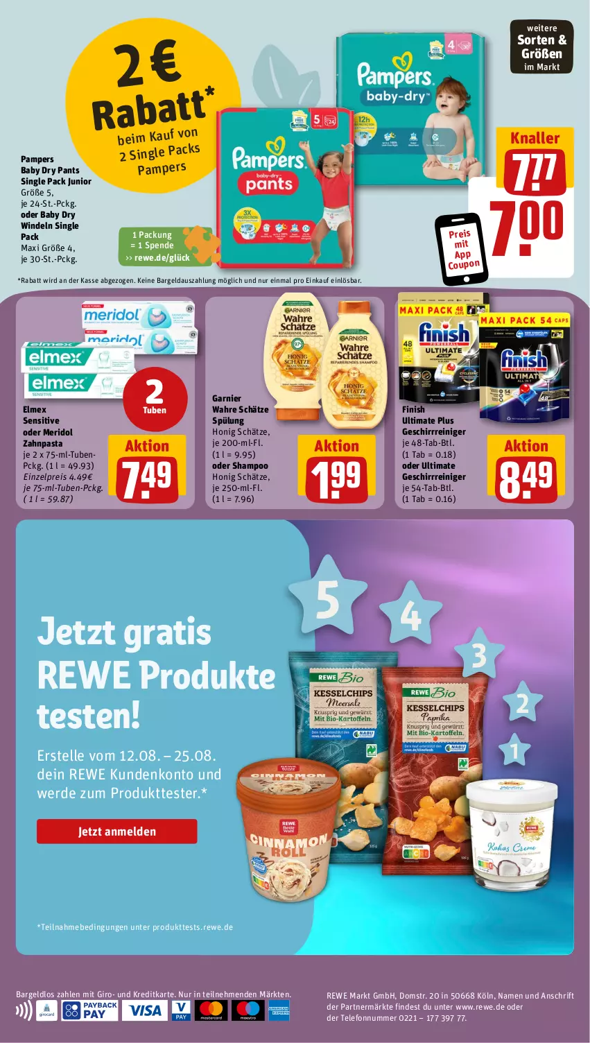 Aktueller Prospekt Rewe - Prospekte - von 12.08 bis 17.08.2024 - strona 18 - produkty: coupon, eis, elle, elmex, erde, Finish, garnier, geschirr, honig, meridol, pampers, pampers baby dry, Pants, pasta, reiniger, reis, shampoo, spülung, telefon, Ti, Wahre Schätze, windeln, zahnpasta