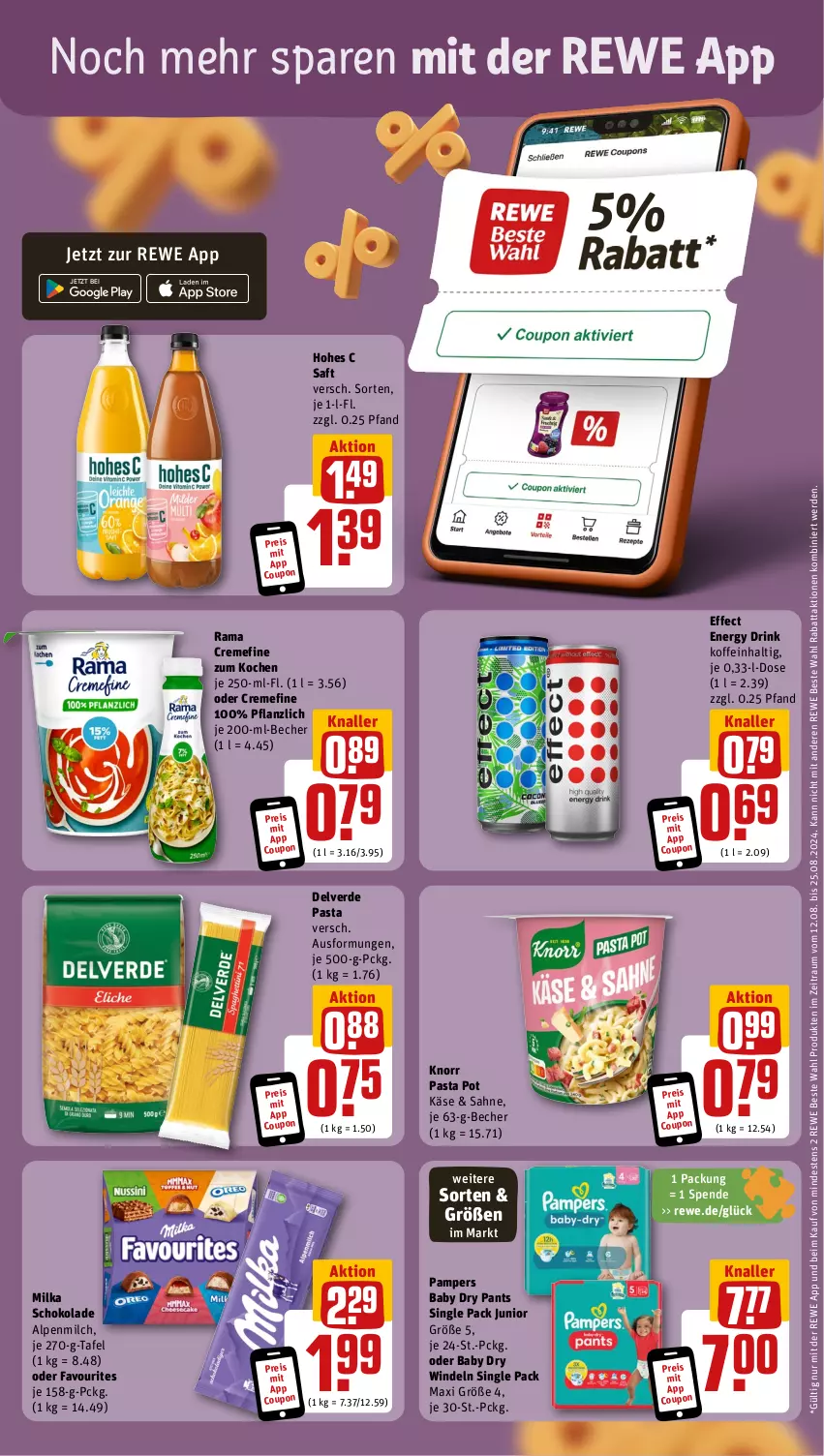 Aktueller Prospekt Rewe - Prospekte - von 12.08 bis 17.08.2024 - strona 3 - produkty: alpenmilch, Becher, coupon, creme, drink, Effect, eis, energy drink, erde, Hohes C, Käse, knorr, knorr pasta, milch, milka, milka schokolade, pampers, pampers baby dry, Pants, pasta, rama, rama cremefine, reis, rewe beste wahl, saft, sahne, schoko, schokolade, Ti, windeln