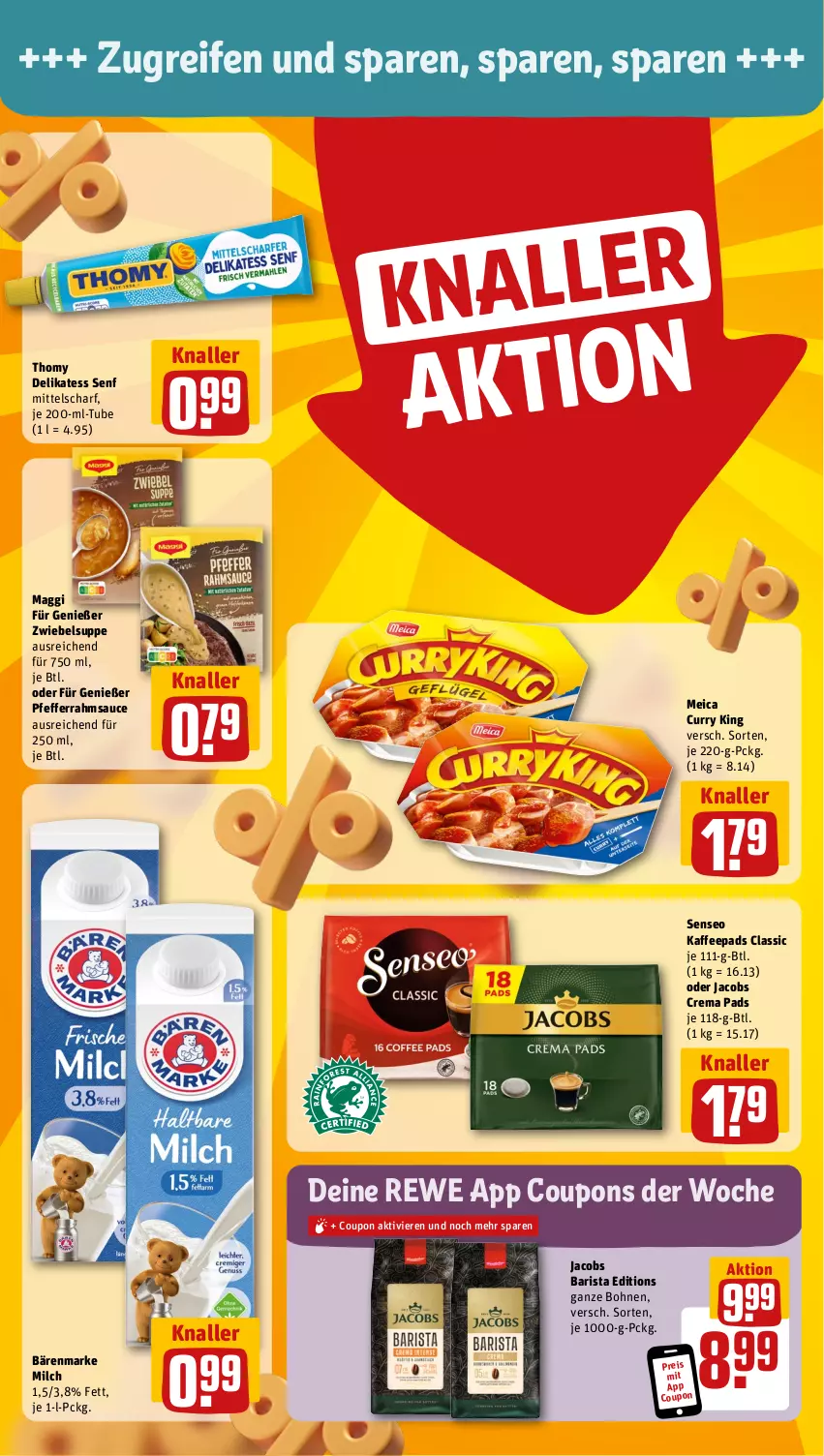 Aktueller Prospekt Rewe - Prospekte - von 12.08 bis 17.08.2024 - strona 4 - produkty: bärenmarke, bohne, bohnen, coupon, coupons, crema pads, curry, delikatess senf, eis, jacobs, Jacobs Crema, kaffee, kaffeepads, maggi, meica, milch, oder jacobs, pfeffer, reifen, reis, sauce, senf, senseo, suppe, thomy, Ti, zwiebel