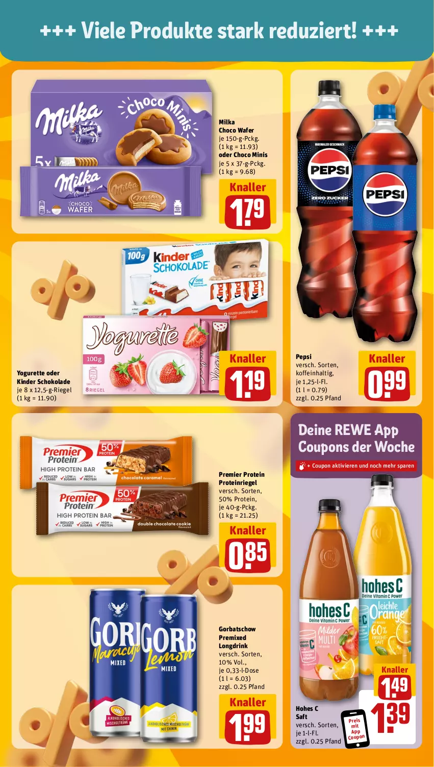 Aktueller Prospekt Rewe - Prospekte - von 12.08 bis 17.08.2024 - strona 5 - produkty: coupon, coupons, drink, eis, Gorbatschow, Hohes C, Kinder, kinder schokolade, milka, pepsi, reis, riegel, saft, schoko, schokolade, Ti, Yo, yogurette