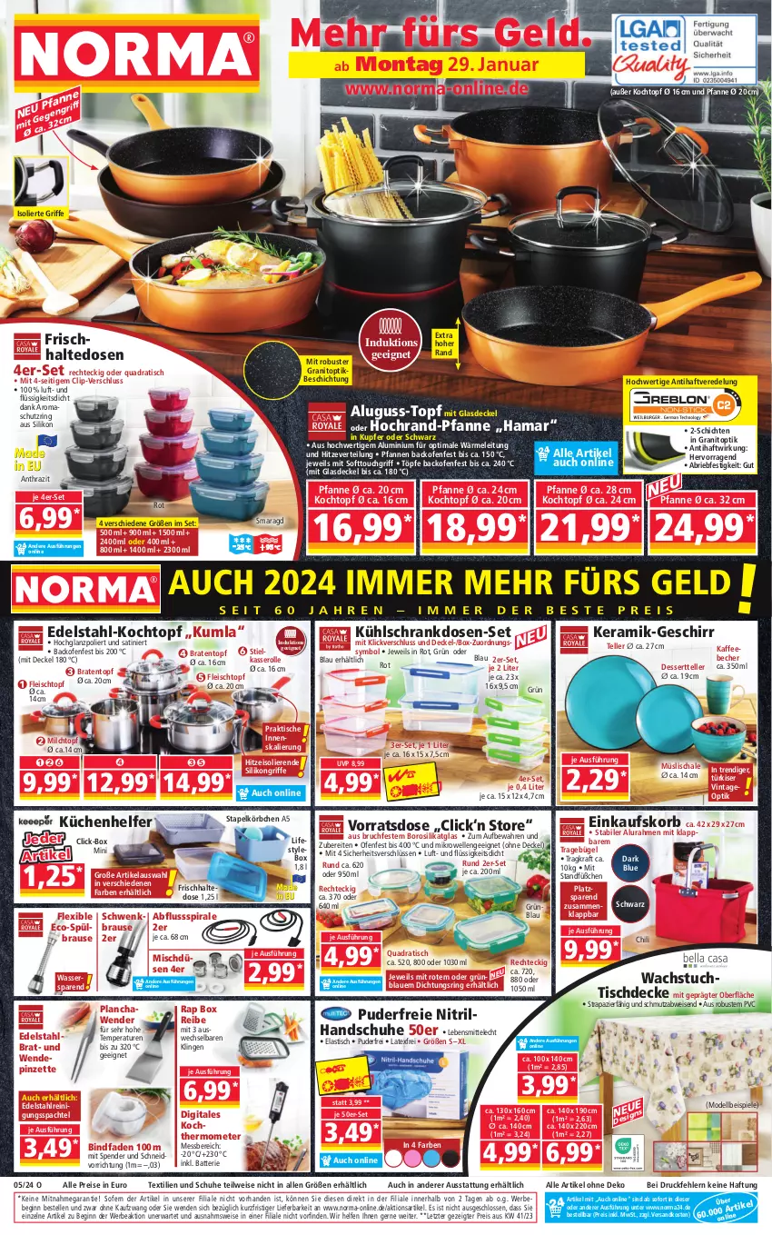 Aktueller Prospekt Norma - Norma - von 29.01 bis 05.02.2024 - strona 1 - produkty: asti, backofen, batterie, Bebe, Becher, braten, Bratentopf, brause, brie, bügel, chili, decke, Deckel, dell, dessert, Dessertteller, edelstahl, einkaufskorb, eis, elle, fleisch, Fleischtopf, frischhaltedosen, geschirr, gin, Glasdeckel, hama, handschuhe, hochglanz, kaffee, kaffeebecher, Kochtopf, korb, Körbchen, kraft, küche, Küchen, Küchenhelfer, kühlschrank, lebensmittel, mikrowelle, Mode, müsli, Müslischale, ndk, Ofen, pfanne, pfannen, Pinzette, quad, Reinigung, reis, ring, Schal, Schale, Schrank, schuhe, spachtel, Spiele, teller, thermometer, Ti, tisch, tischdecke, topf, tuc, und pfanne, wachstuch, wasser, ZTE