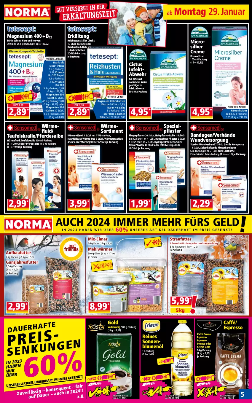 Aktueller Prospekt Norma - Norma - von 29.01 bis 05.02.2024 - strona 5 - produkty: asti, auer, Bau, binden, blume, blumen, blumenöl, creme, eimer, eis, erde, espresso, gin, intenso, kirsch, kirsche, kosmetik, kraft, magnesium, magnesium 400, mehl, pflaster, reis, sekt, sonnenblume, sonnenblumen, sonnenblumenöl, Spezi, ssd, Streufutter, tablet, tablett, Tablette, Ti, tisch, vita, Vitamin B, Vitamin D, weck