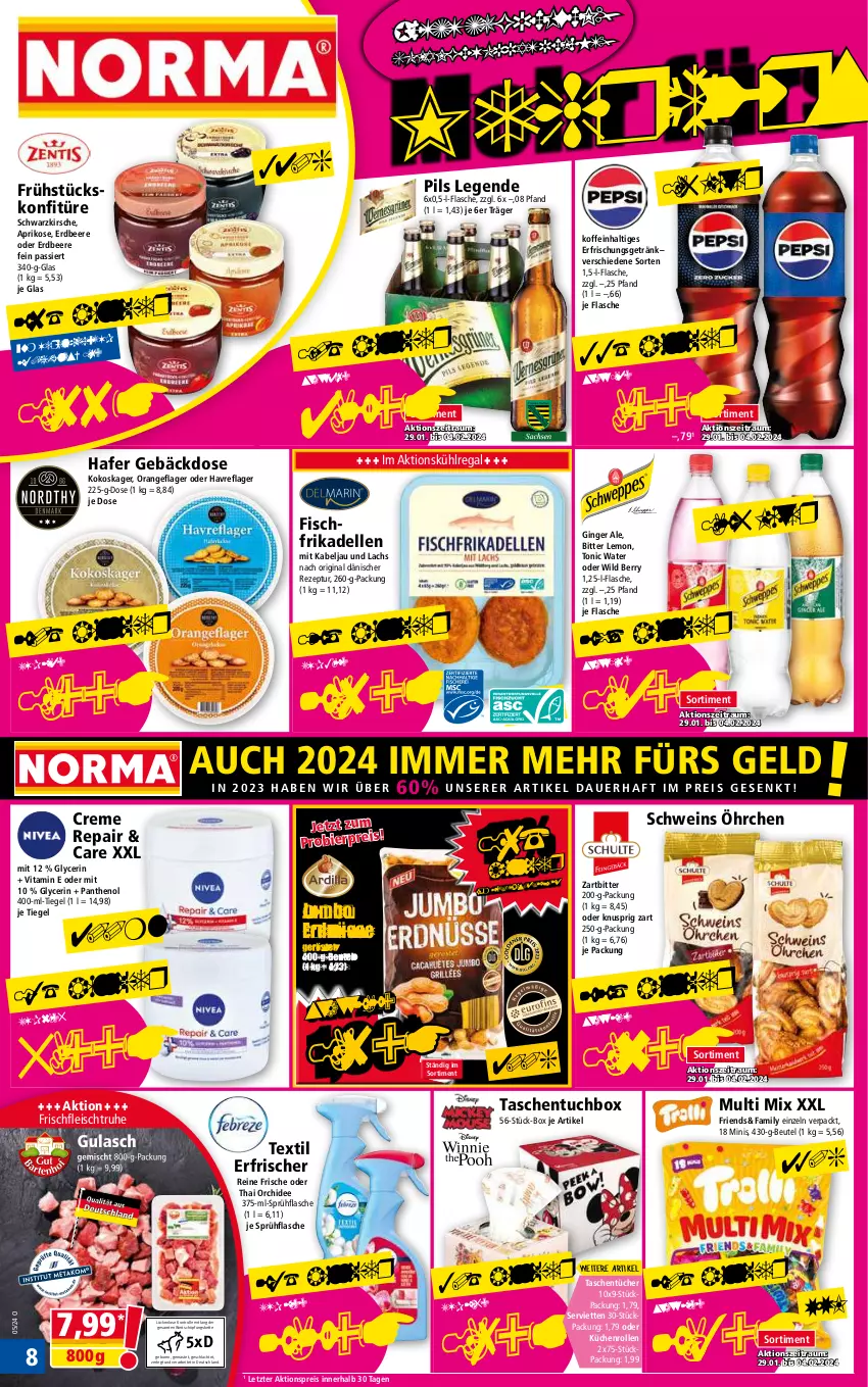 Aktueller Prospekt Norma - Norma - von 29.01 bis 05.02.2024 - strona 8 - produkty: aktionspreis, aprikose, auer, beere, beutel, bier, bitter lemon, creme, dell, eis, elle, erdbeere, erdnüsse, erfrischungsgetränk, fisch, flasche, fleisch, frikadellen, getränk, gin, ginger, ginger ale, hafer, jumbo, Kette, kirsch, kirsche, kokos, konfitüre, küche, Küchen, küchenrolle, küchenrollen, kühlregal, lachs, orange, orchidee, Panthenol, pils, regal, reis, rezept, schwein, Serviette, servietten, sprühflasche, Tasche, taschen, taschentücher, Ti, tonic, tonic water, tuc, tücher, vita, wein, Wild, wild berry, ZTE