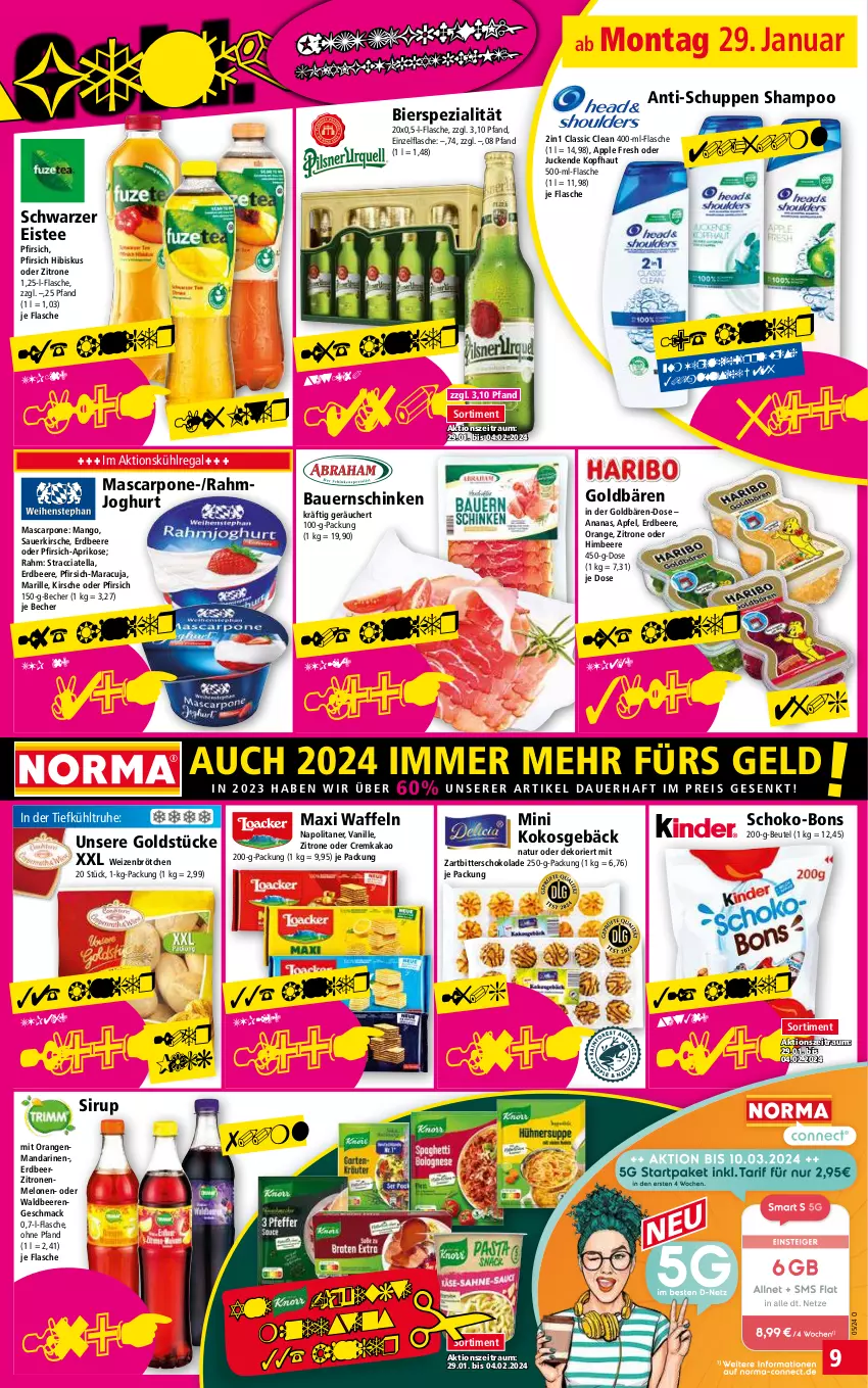 Aktueller Prospekt Norma - Norma - von 29.01 bis 05.02.2024 - strona 9 - produkty: ACC, ananas, apfel, Apple, aprikose, auer, Bau, Bauer, Bauernschinken, Becher, beere, beeren, beutel, bier, brötchen, eis, eistee, erdbeere, flasche, goldbären, Goldstücke, himbeer, himbeere, joghur, joghurt, kakao, kirsch, kirsche, kokos, kühlregal, mac, mandarine, mandarinen, mango, maracuja, mascarpone, melone, melonen, natur, orange, orangen, pfirsich, rahmjoghurt, regal, reis, schinken, schoko, schoko-bons, schokolade, shampoo, sirup, Spezi, tee, Ti, vanille, waffeln, weizenbrötchen, Zartbitterschokolade, zitrone, zitronen