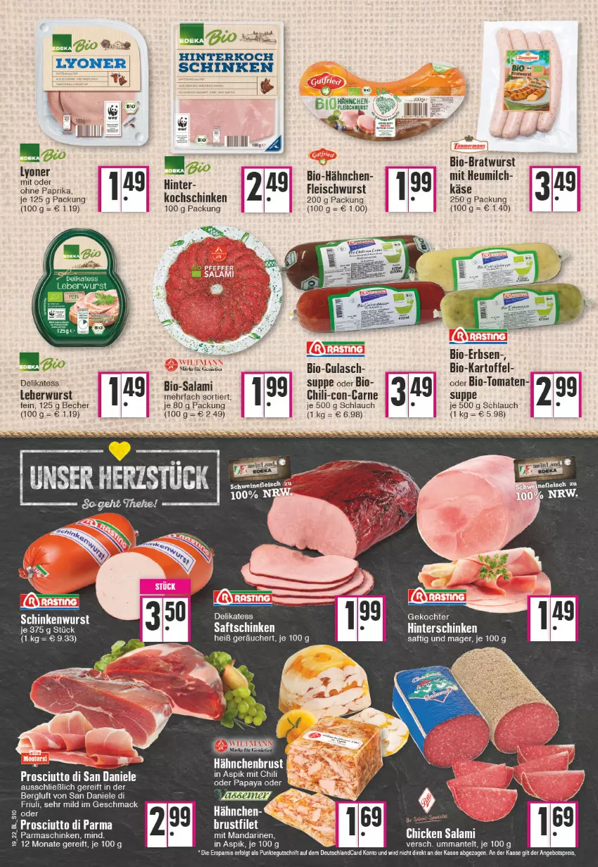 Aktueller Prospekt Edeka - Angebote der Woche - von 09.05 bis 14.05.2022 - strona 10 - produkty: Becher, bio, Bio-Salami, bratwurst, chili, deutschlandcard, eis, erbsen, fleisch, fleischwurst, gulasch, Heu, heumilch, kartoffel, kochschinken, leberwurst, LG, lyoner, mac, mandarine, mandarinen, Mantel, milch, Papaya, paprika, parmaschinken, prosciutto, Prosciutto di San Daniele, saft, saftschinken, salami, schinken, schlauch, suppe, Ti, tomate, tomaten, wurst, Yo