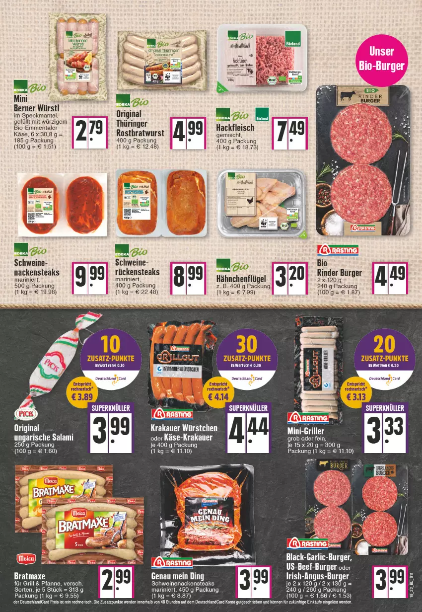 Aktueller Prospekt Edeka - Angebote der Woche - von 09.05 bis 14.05.2022 - strona 11 - produkty: auer, axe, beef, bio, bratmaxe, burger, deutschland card, deutschlandcard, eis, emmentaler, erde, fleisch, gin, grill, hackfleisch, hähnchenflügel, Käse, krakauer, Mantel, Nackensteak, nackensteaks, pfanne, reis, rind, rinder, ring, Rückensteak, rückensteaks, salami, schwein, schweine, schweinenacken, Speck, steak, steaks, Ti, Ungarische Salami, wein, weine, wurst, würstchen