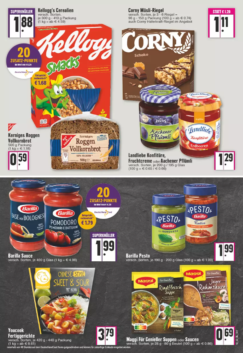 Aktueller Prospekt Edeka - Angebote der Woche - von 09.05 bis 14.05.2022 - strona 17 - produkty: angebot, barilla, beutel, brot, cerealien, corny, frucht, hafer, kellogg's, konfitüre, korn, Kornbrot, kraft, landliebe, maggi, müsli, pesto, riegel, sauce, saucen, suppe, suppen, Ti, vollkornbrot