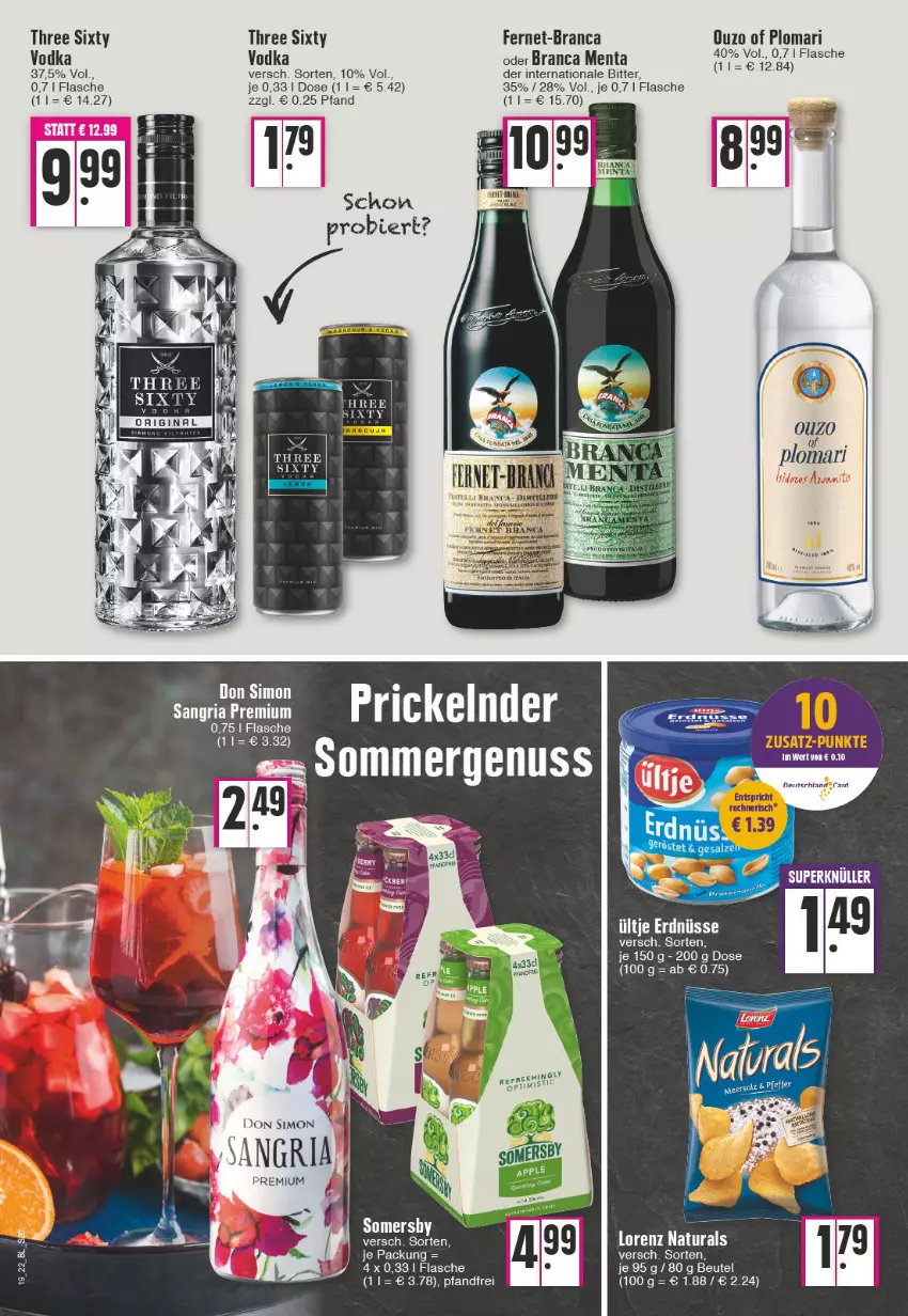 Aktueller Prospekt Edeka - Angebote der Woche - von 09.05 bis 14.05.2022 - strona 20 - produkty: bier, erdnüsse, Fernet, flasche, lorenz, natur, natura, nuss, ouzo, salz, Schere, somersby, Three Sixty, Ti, ültje, ültje erdnüsse, vodka