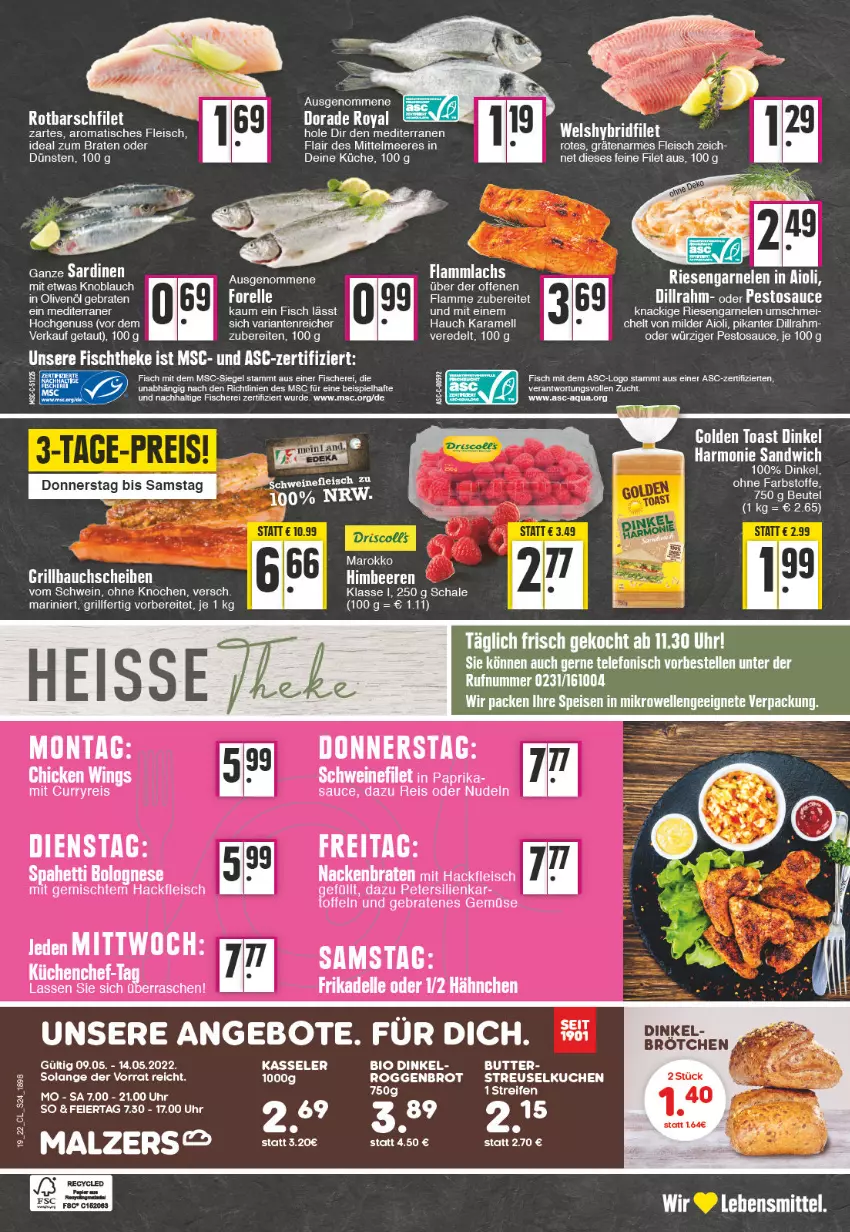 Aktueller Prospekt Edeka - Angebote der Woche - von 09.05 bis 14.05.2022 - strona 24 - produkty: aioli, angebot, angebote, aqua, Bau, bauchscheiben, beutel, bio, braten, butter, curry, dell, Dorade, dorade royal, eis, elle, filet, fisch, fische, Fischer, fleisch, garnelen, golden toast, grill, Grillbauch, hackfleisch, ideal zum braten, in olivenöl, karamell, kasseler, knoblauch, küche, lachs, lamm, lebensmittel, nudel, nudeln, nuss, olive, oliven, olivenöl, pesto, petersilie, reis, Ria, riesengarnelen, Rotbarsch, rotbarschfilet, sandwich, sauce, Schal, Schale, Schere, schwein, schweine, schweinefilet, telefon, Ti, tisch, toast, uhr, wein, weine