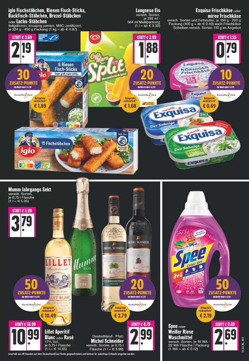 Aktueller Prospekt Edeka - Angebote der Woche - von 09.05 bis 14.05.2022 - strona 3 - produkty: angebot, backfisch, brezel, deutschlandcard, eis, exquisa, exquisa frischkäse, fisch, fischstäbchen, flasche, frischkäse, iglo, Käse, lachs, langnese, langnese eis, Michel Schneider, miree, mumm, sekt, spee, tee, Ti, waschmittel