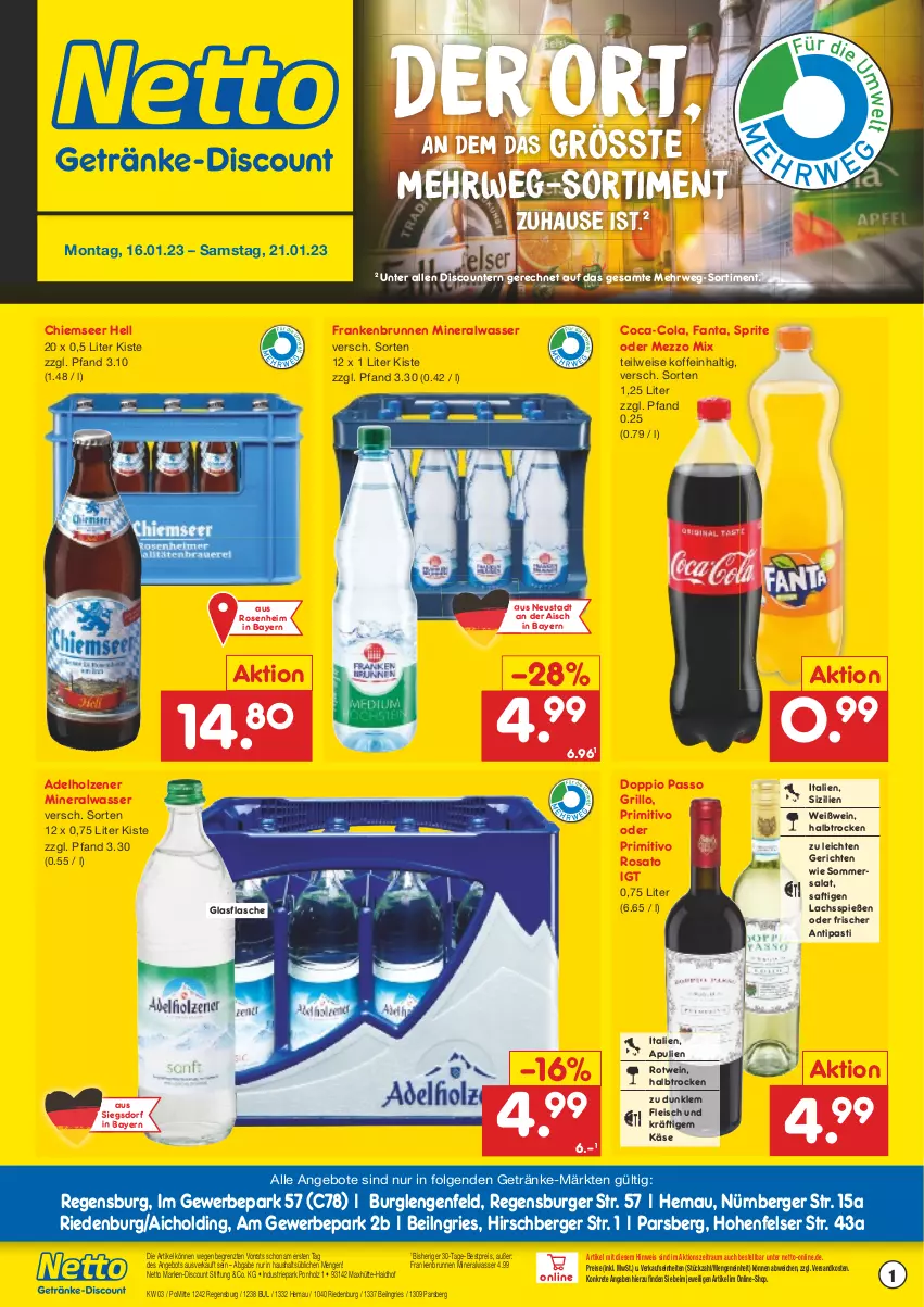 Aktueller Prospekt Netto Marken-Discount - Getränkemarkt in deiner Nähe - von 15.03.2021 bis 21.01.2023 - strona 1 - produkty: adelholzener, Alwa, angebot, angebote, antipasti, asti, Berger, bestpreis, brunnen, burger, coca-cola, cola, discount, doppio passo, eis, fanta, flasche, fleisch, getränk, getränke, glasflasche, grill, grillo, Holz, Käse, lachs, LG, marken-discount, Mezzo Mix, mineralwasser, ndk, nürnberger, passo, primitivo, regensburger, reis, rosato, rosen, rotwein, rwe, saft, salat, sprite, Ti, wasser, wein, Weißwein, ZTE