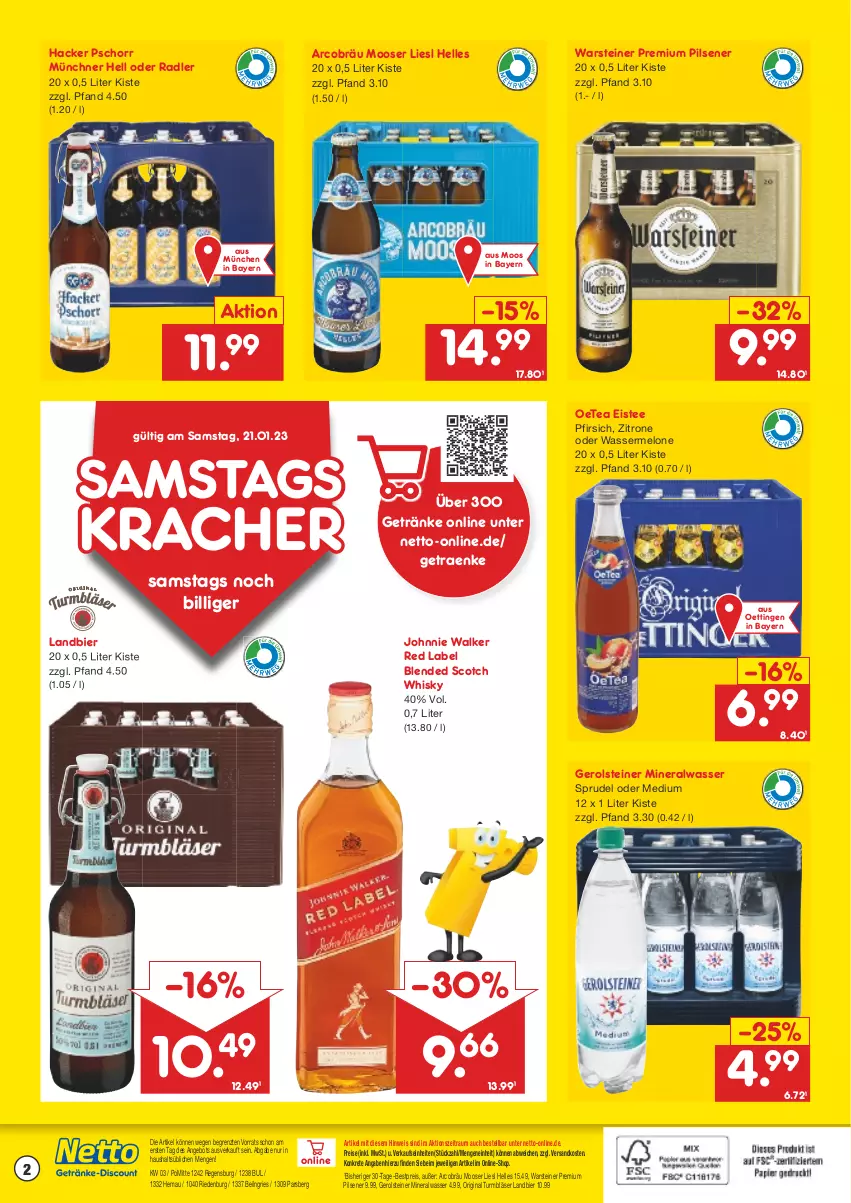 Aktueller Prospekt Netto Marken-Discount - Getränkemarkt in deiner Nähe - von 15.03.2021 bis 21.01.2023 - strona 2 - produkty: Alwa, angebot, bestpreis, bier, blended scotch, blended scotch whisky, eis, eistee, elle, gerolsteine, gerolsteiner, getränk, getränke, gin, hacker pschorr, johnnie walker, kracher, melone, mineralwasser, ndk, oder radler, pfirsich, pils, pilsener, premium pils, radler, reis, scotch, scotch whisky, Sprudel, steiner, tee, Ti, warsteiner, wasser, wassermelone, whisky, zitrone, ZTE