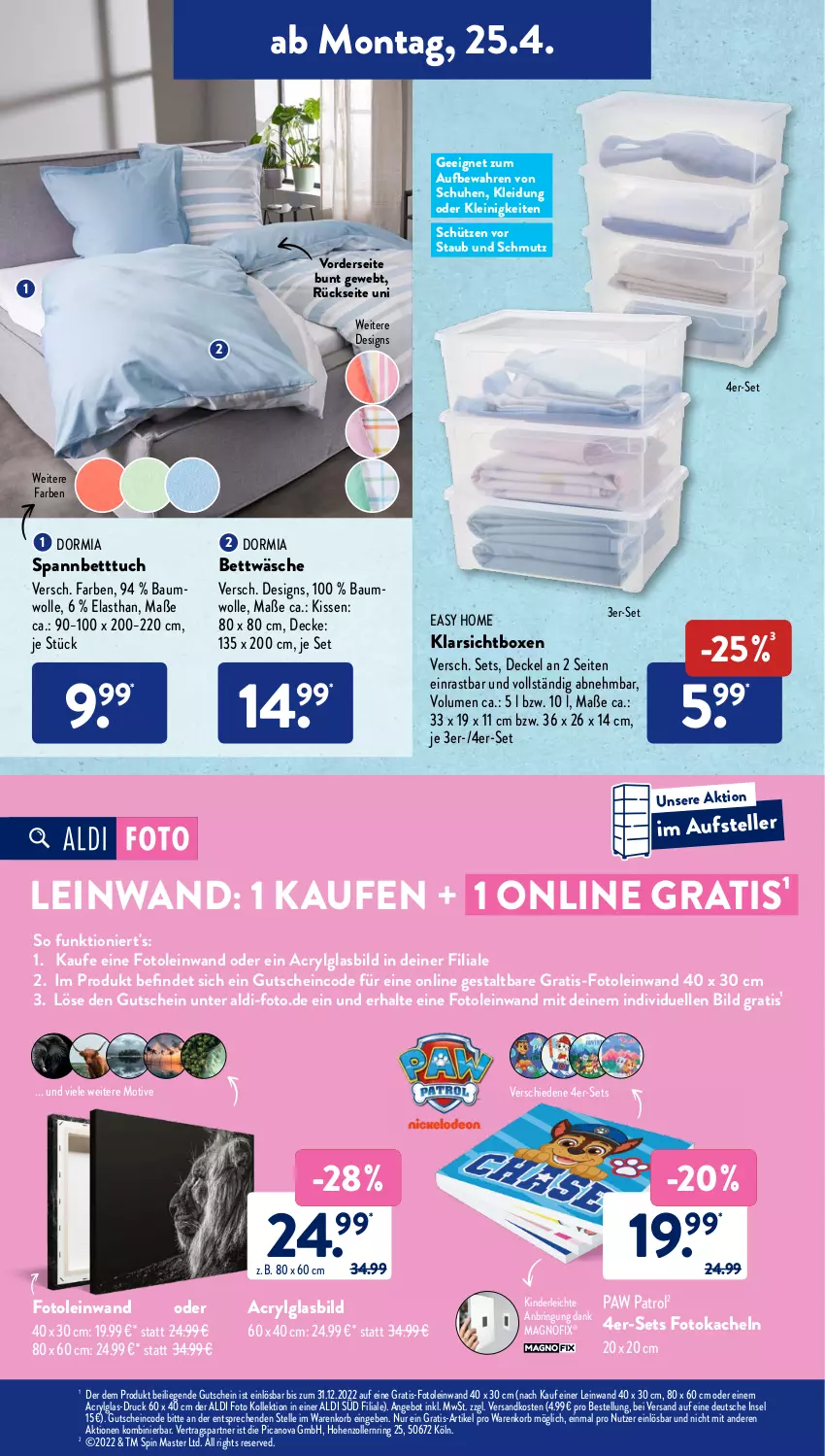 Aktueller Prospekt AldiSud - ALDI Aktuell - von 25.04 bis 30.04.2022 - strona 12 - produkty: aldi, angebot, Bau, bett, Betttuch, bettwäsche, decke, Deckel, dormia, elle, Glasbild, gutschein, Kinder, kissen, Klarsichtbox, kleid, Kleidung, korb, LG, Liege, ndk, Paw Patrol, ring, schuhe, Schütze, spannbetttuch, teller, Ti, tuc, wolle