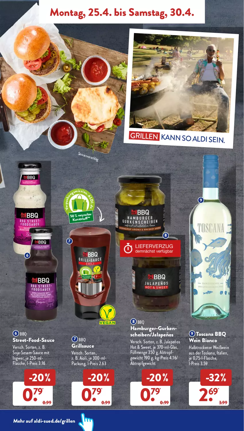 Aktueller Prospekt AldiSud - ALDI Aktuell - von 25.04 bis 30.04.2022 - strona 7 - produkty: aioli, aldi, burger, eis, flasche, grill, grillsauce, gurke, gurken, hamburger, ingwer, jalapeño, reis, sauce, sesam, soja, wein, Weißwein