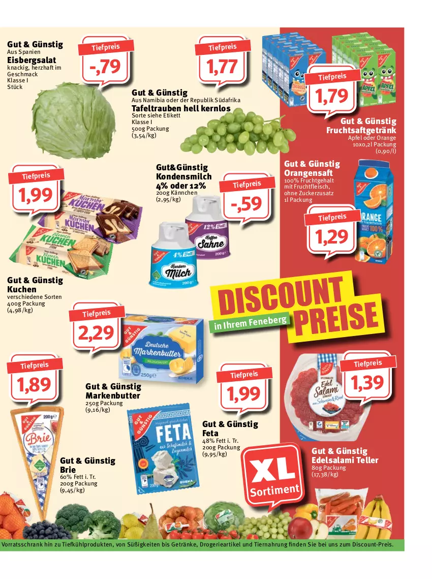 Aktueller Prospekt Feneberg - Prospekte - von 19.01 bis 21.01.2023 - strona 11 - produkty: apfel, brie, butter, discount, Edelsalami, eis, eisbergsalat, elle, feta, fleisch, frucht, fruchtfleisch, fruchtsaft, fruchtsaftgetränk, getränk, getränke, kondensmilch, kuchen, mac, markenbutter, milch, mit frucht, orange, orangen, orangensaft, reis, saft, salami, salat, Schrank, tafeltrauben, teller, Ti, tiefpreis, tiernahrung, trauben, vorratsschrank, zucker