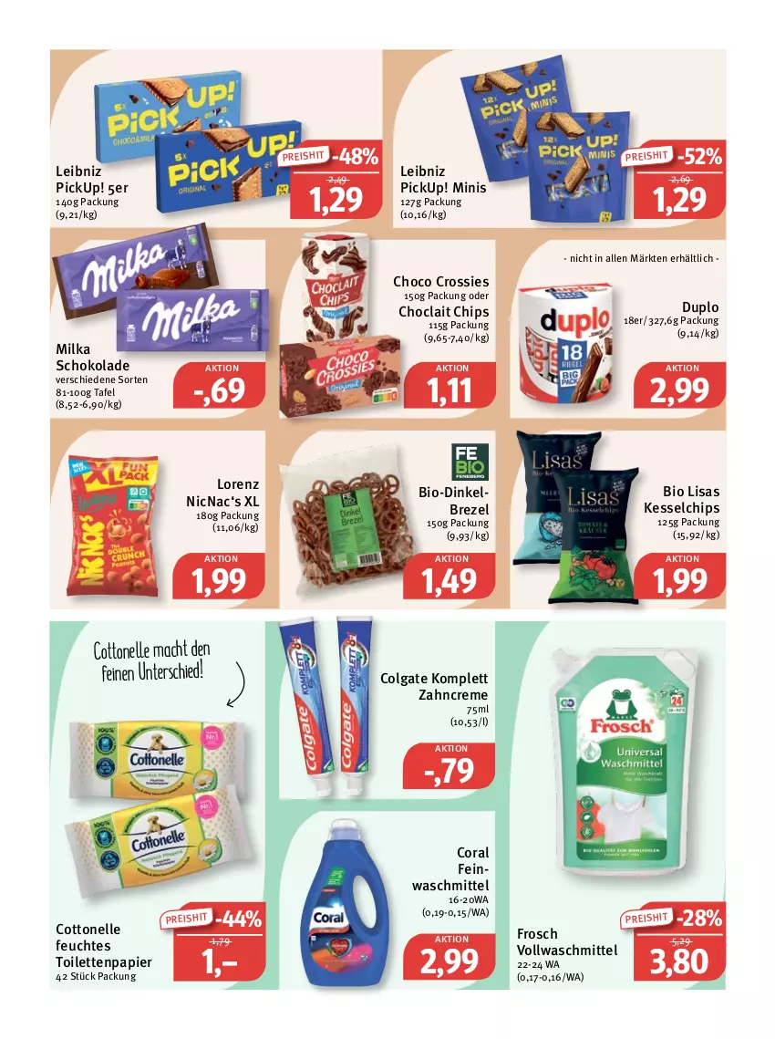 Aktueller Prospekt Feneberg - Prospekte - von 19.01 bis 21.01.2023 - strona 9 - produkty: bio, brezel, chips, choclait chips, choco crossies, colgate, Coral, cottonelle, creme, crossies, duplo, eis, elle, feinwaschmittel, feuchtes toilettenpapier, Frosch, leibniz, LG, lorenz, mac, milka, milka schokolade, papier, reis, schoko, schokolade, Ti, toilettenpapier, vollwaschmittel, waschmittel, zahncreme