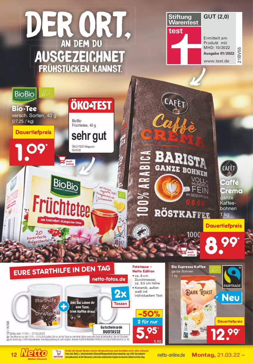 Aktueller Prospekt Netto Marken-Discount - Filial-Angebote - von 21.03 bis 26.03.2022 - strona 12 - produkty: auer, bio, biobio, bohne, bohnen, dauertiefpreis, eis, elle, espresso, früchte, Früchtetee, gin, gutschein, kaffee, kaffeebohnen, magazin, messer, ndk, reis, tasse, tee, Ti, tiefpreis, versandkostenfrei