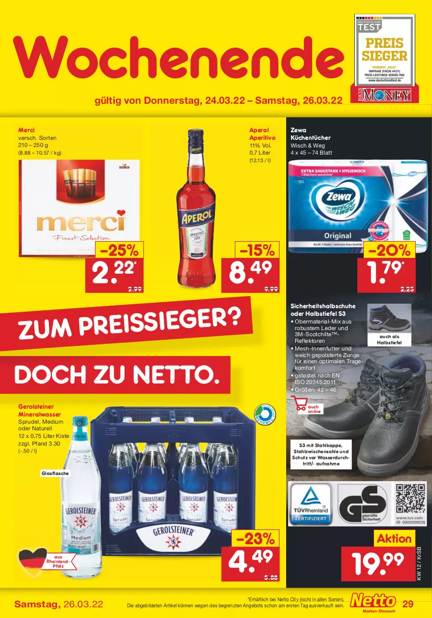 Aktueller Prospekt Netto Marken-Discount - Filial-Angebote - von 21.03 bis 26.03.2022 - strona 29 - produkty: Alwa, angebot, aperol, flasche, gerolsteine, gerolsteiner, glasflasche, küche, Küchen, küchentücher, merci, mineralwasser, natur, rel, Ria, schuhe, scotch, Sprudel, steiner, Ti, tücher, wasser, zewa, ZTE