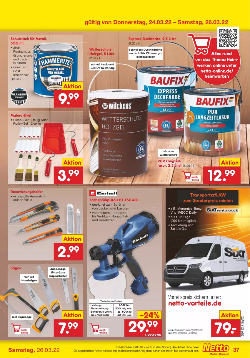 Aktueller Prospekt Netto Marken-Discount - Filial-Angebote - von 21.03 bis 26.03.2022 - strona 37 - produkty: angebot, Behälter, buch, bügel, eis, elle, Holz, HP, Japansäge, lack, Lacke, Pinsel, pril, reis, Roller, säge, Sport, Sprühpistole, Ti, vorteilspreis, ZTE