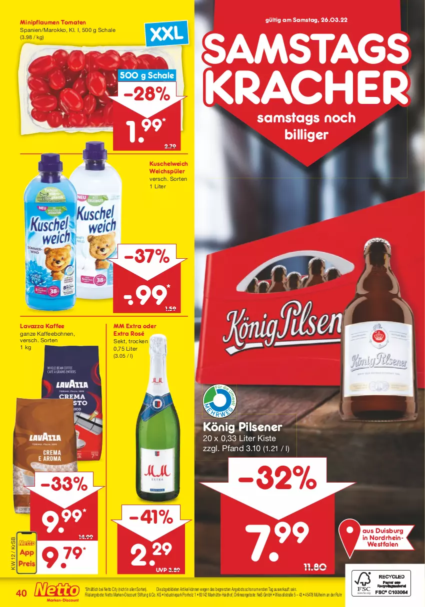 Aktueller Prospekt Netto Marken-Discount - Filial-Angebote - von 21.03 bis 26.03.2022 - strona 40 - produkty: angebot, angebote, bohne, bohnen, discount, Holz, kaffee, kaffeebohnen, könig pilsener, kracher, Kuschelweich, lavazza, marken-discount, mm extra, pflaume, pflaumen, pils, pilsener, Schal, Schale, sekt, Ti, tomate, tomaten, uhr, weichspüler, ZTE