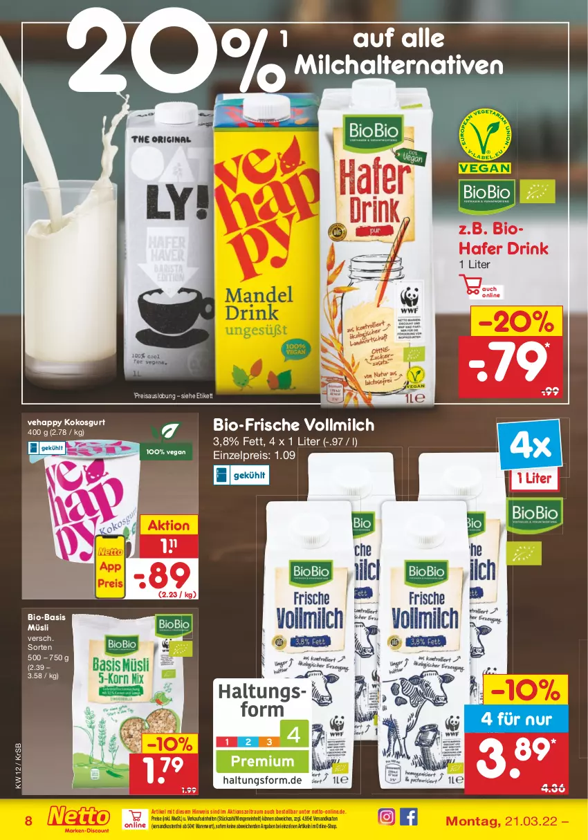 Aktueller Prospekt Netto Marken-Discount - Filial-Angebote - von 21.03 bis 26.03.2022 - strona 8 - produkty: basis müsli, bio, drink, eis, hafer, kokos, milch, müsli, ndk, reis, Ti, versandkostenfrei, vollmilch