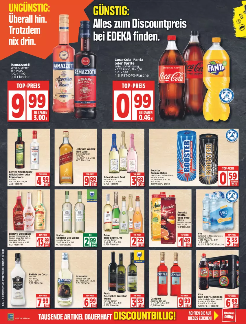 Aktueller Prospekt Edeka - Angebote der Woche - von 06.06 bis 11.06.2022 - strona 14 - produkty: Alwa, amecke, ball, batida, coca-cola, cola, deka, discount, doppelkorn, drink, eis, fanta, flasche, jules mumm, korn, kräuter, limo, limonade, mineralwasser, mumm, natürliches mineralwasser, oder sprite, pet-flasche, rama, ramazzott, ramazzotti, reis, säfte, scotch, scotch whisky, sekt, sprite, Ti, velvet, vita, Vita C, vodka, wasser, wein, weine, whisky, Wild, zott, ZTE