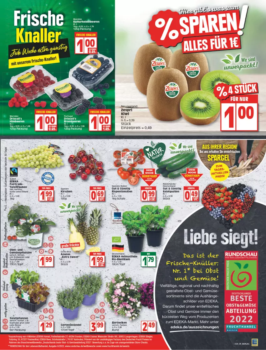 Aktueller Prospekt Edeka - Angebote der Woche - von 06.06 bis 11.06.2022 - strona 5 - produkty: ananas, beere, beeren, brombeere, brombeeren, deka, eis, ente, erdbeere, erdbeeren, frucht, Garten, gurke, gurken, himbeer, himbeere, himbeeren, kirsch, kirsche, kirschen, kiwi, kopfsalat, lavendel, magazin, obst, Obst und Gemüse, pflanze, pflanzen, reis, rispentomaten, rum, salat, Salatgurke, salatgurken, Schal, Schale, tafeltrauben, Ti, tomate, tomaten, topf, trauben, und gemüse, zespri, ZTE