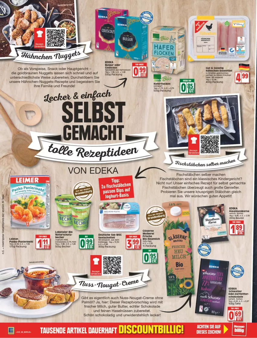 Aktueller Prospekt Edeka - Angebote der Woche - von 06.06 bis 11.06.2022 - strona 6 - produkty: Becher, beutel, bier, Biere, braun, bulgur, butter, couscous, creme, deka, eimer, eis, emmi, fisch, fischstäbchen, hafer, haferflocken, haselnuss, Heu, joghur, joghurt, joghurt mild, Kinder, kühlregal, lachs, leimer, LG, mac, mehl, milch, natur, nuggets, nuss, nuss-nougat-creme, regal, reifen, reis, rezept, rezepte, schnitten, schoko, schokolade, snack, tee, Ti, vorspeise, ZTE