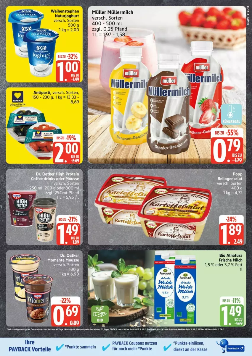 Aktueller Prospekt Edeka - Prospekte - von 22.09 bis 27.09.2025 - strona 11 - produkty: antipasti, asti, bio, coupon, coupons, frische milch, ilag, milch, Müller, müllermilch, natur, natura, payback, salat, sana, tee, Ti, weidemilch