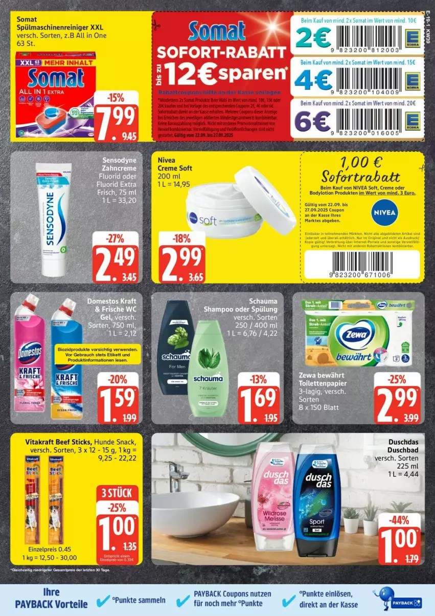 Aktueller Prospekt Edeka - Prospekte - von 22.09 bis 27.09.2025 - strona 19 - produkty: Bad, berliner, bio, biozidprodukte, body, bodylotion, coupon, coupons, creme, duschbad, duschdas, eis, henkel, Lotion, maschinenreiniger, nivea, payback, Rauch, reiniger, reis, rwe, sofortrabatt, somat, spülmaschinen, Ti, Wild