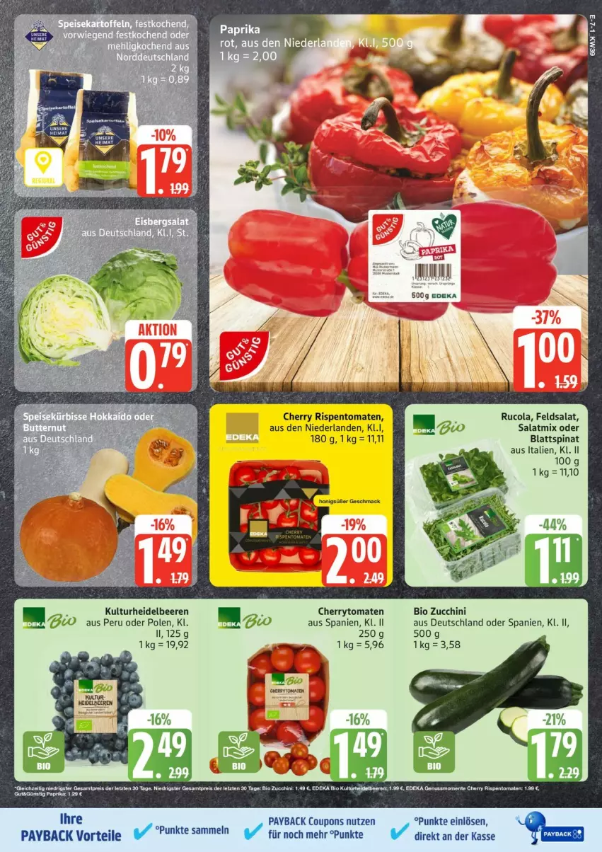 Aktueller Prospekt Edeka - Prospekte - von 22.09 bis 27.09.2025 - strona 7 - produkty: beere, beeren, bio, blattspinat, cherrytomaten, cola, coupon, coupons, deka, edeka bio, eis, ente, feldsalat, heidelbeere, heidelbeeren, honig, mac, nuss, payback, reis, rispentomaten, rucola, salat, Salatmix, spinat, Ti, tomate, tomaten, ZTE, zucchini