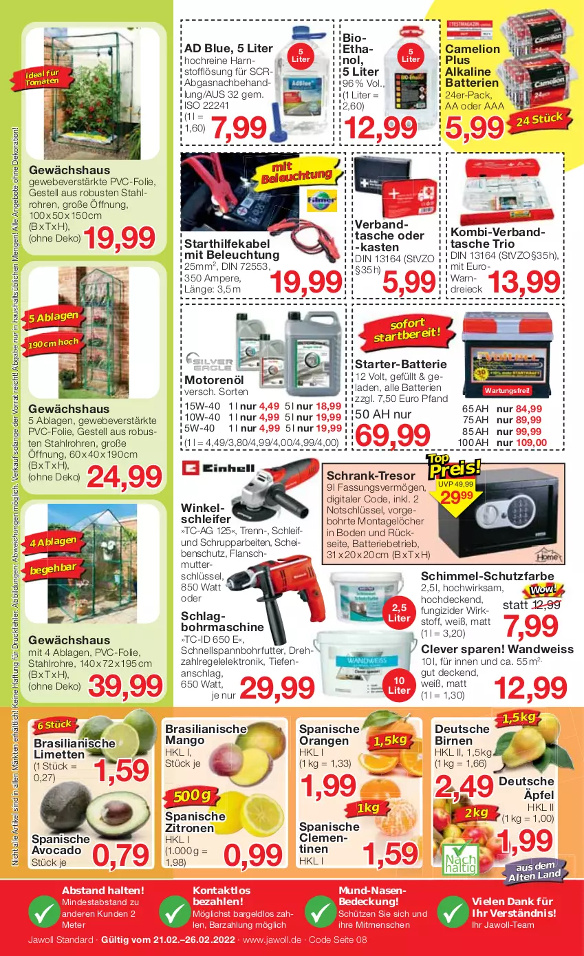 Aktueller Prospekt Jawoll - Prospekte - von 20.02 bis 26.02.2022 - strona 8 - produkty: angebot, angebote, avocado, batterie, batterien, beleuchtung, bio, Birnen, Camelion, clementinen, decke, dekoration, eis, Elektro, Fungizid, Gewächshaus, limette, limetten, lion, mango, Mett, metten, motorenöl, orange, orangen, reis, schlagbohrmaschine, Schrank, Schütze, Tasche, Ti, tomate, tomaten, Warndreieck, Winkelschleifer, zitrone, zitronen