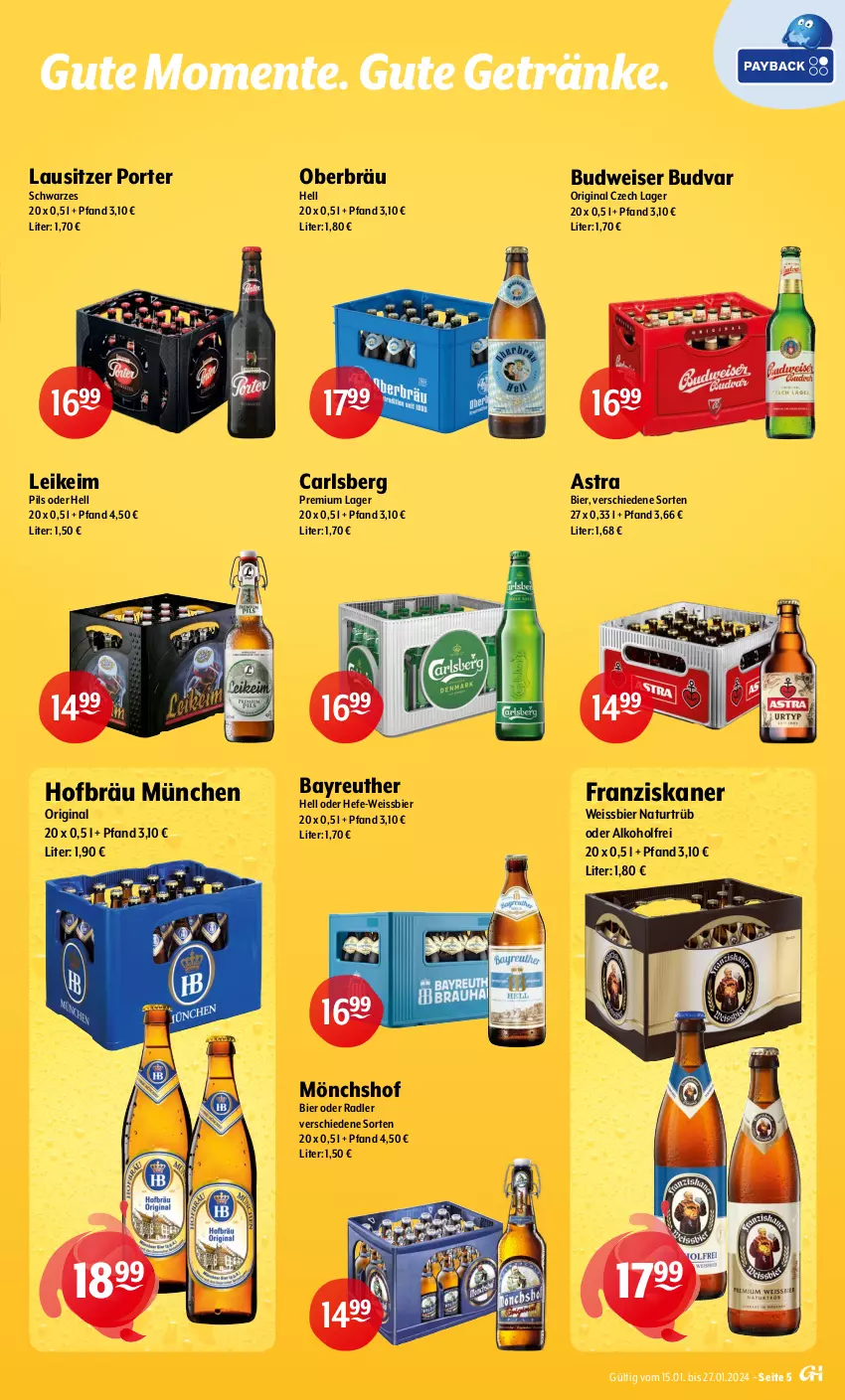 Aktueller Prospekt Getraenke Hoffmann - Prospekte - von 15.01 bis 27.01.2024 - strona 5 - produkty: alkohol, Astra, bier, budweiser, carlsberg, corona, eis, elle, ente, franziskaner, getränk, getränke, gin, grevensteiner, Guinness, Hefe, Kilkenny, mais, mönchshof, natur, nuss, oder radler, pils, radler, schöfferhofer, steiner, Ti, warsteiner, weissbier