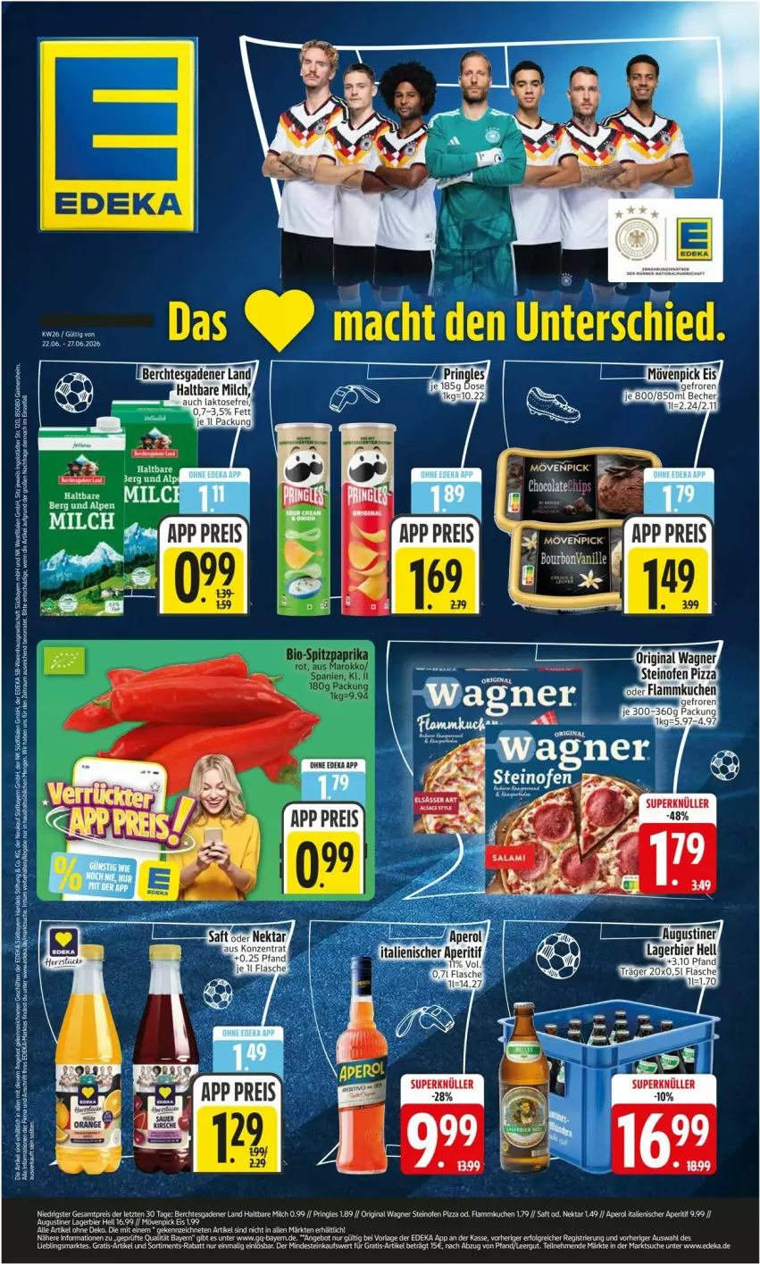Aktueller Prospekt Edeka - Prospekte - von 22.06 bis 27.06.2026 - strona 1 - produkty: aperol, bier, deka, eis, flammkuchen, flasche, gin, haltbare milch, kuchen, Lagerbier, lamm, milch, mövenpick, Nektar, Ofen, original wagner, pizza, pringles, reis, ring, saft, steinofen, steinofen pizza, Ti, wagner, ZTE