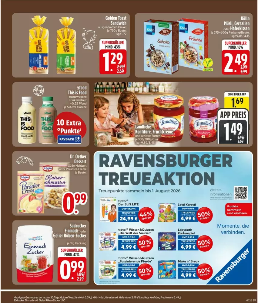 Aktueller Prospekt Edeka - Prospekte - von 22.06 bis 27.06.2026 - strona 15 - produkty: beutel, burger, cerealien, eis, ente, erde, flasche, frucht, golden toast, hafer, Kartenspiel, kissen, kölln, konfitüre, landliebe, mac, müsli, ravensburger, reis, sandwich, Ti, Tiptoi, toast, ZTE, zucker