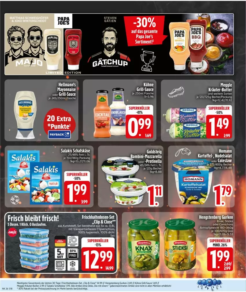 Aktueller Prospekt Edeka - Prospekte - von 22.06 bis 27.06.2026 - strona 22 - produkty: Becher, butter, ente, frischhaltedosen, gurke, gurken, Hellmann's, hengstenberg, Hengstenberg Gurken, homann, kartoffel, Käse, kräuter, kräuter-butter, Kühne, mayonnaise, meggle, nudel, nudelsalat, salat, sauce, schafskäse, tee, Ti, Yo