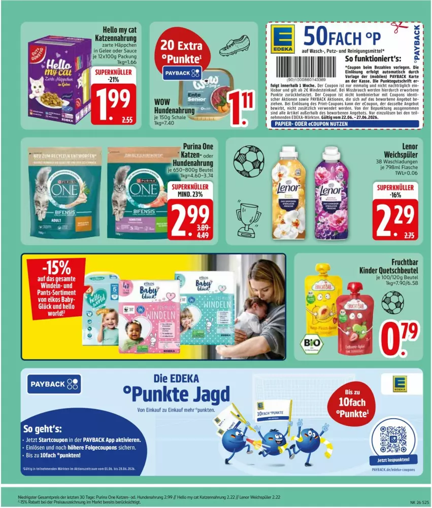 Aktueller Prospekt Edeka - Prospekte - von 22.06 bis 27.06.2026 - strona 29 - produkty: angebot, auto, beutel, coupon, coupons, deka, eis, ente, erde, flasche, frucht, gelee, hundenahrung, katzennahrung, Kinder, lenor, lenor weichspüler, LG, Pants, payback, purina, Putz- und Reinigungsmittel, quetschbeutel, Rauch, Reinigung, Reinigungsmittel, reis, rwe, sauce, Schal, Schale, Sofa, Ti, tisch, weichspüler