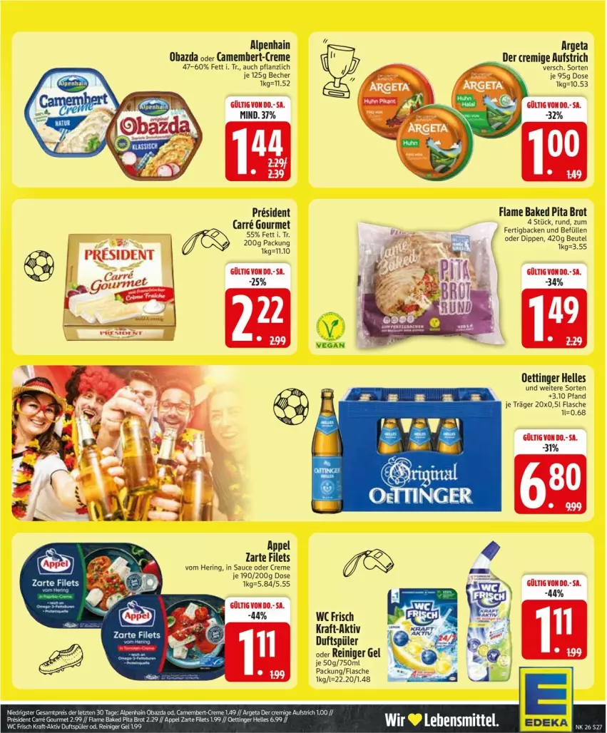 Aktueller Prospekt Edeka - Prospekte - von 22.06 bis 27.06.2026 - strona 31 - produkty: Alpenhain, aufstrich, Becher, beutel, brot, camembert, creme, dip, eis, elle, filet, filets, flasche, hering, kraft, lebensmittel, obazda, oettinger, reiniger, reiniger gel, reis, ring, sauce, Schal, Ti, wc frisch, ZTE