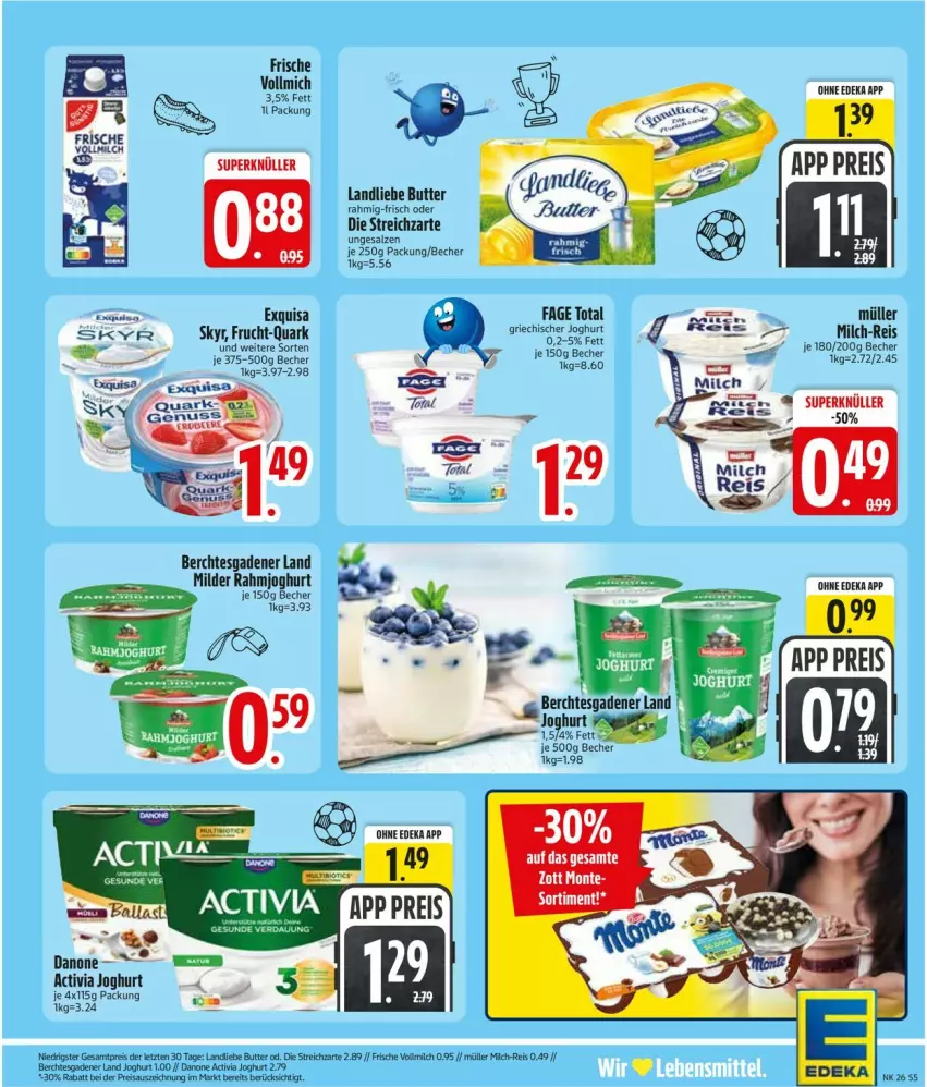 Aktueller Prospekt Edeka - Prospekte - von 22.06 bis 27.06.2026 - strona 9 - produkty: activia, activia joghurt, Becher, butter, deka, eis, exquisa, frucht, Griechischer Joghurt, joghur, joghurt, K2, landliebe, milch, Müller, quark, rahmjoghurt, reis, salz, Skyr, Streichzart, Ti