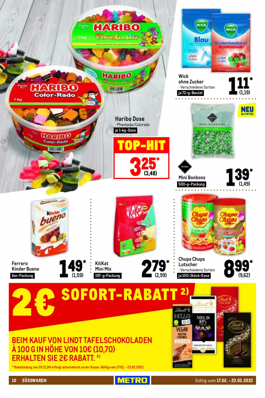 Aktueller Prospekt Metro - Food - von 17.02 bis 23.02.2022 - strona 10 - produkty: auto, beutel, bonbons, chupa, chupa chups, ferrero, haribo, Kinder, kinder bueno, kitkat, LG, lindt, Lutscher, schoko, schokolade, schokoladen, sofort-rabatt, süsswaren, tafelschokolade, Ti, tisch, WICK, zucker