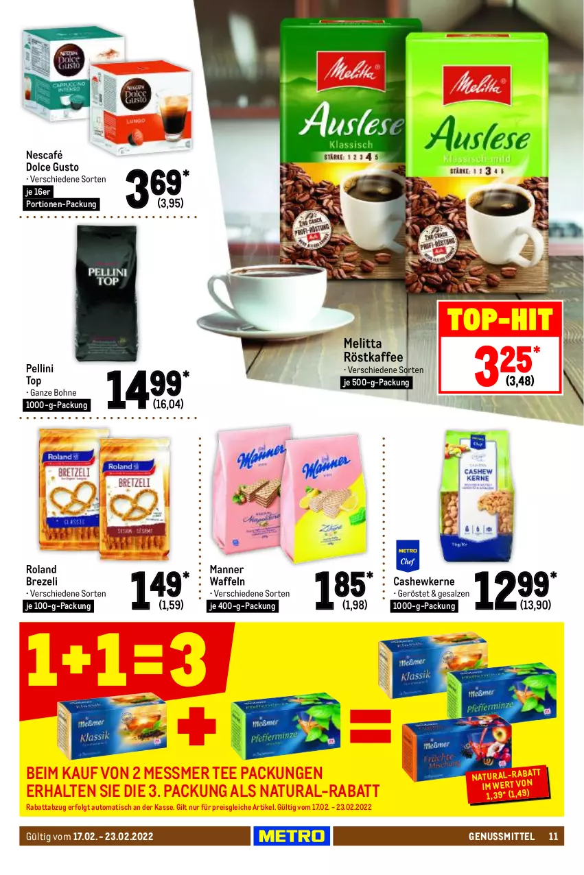 Aktueller Prospekt Metro - Food - von 17.02 bis 23.02.2022 - strona 11 - produkty: auto, bohne, brezel, Cashew, cashewkerne, dolce gusto, eis, kaffee, LG, Manner, melitta, natur, natura, Nescafé, nuss, reis, röstkaffee, salz, tee, Ti, tisch, waffeln