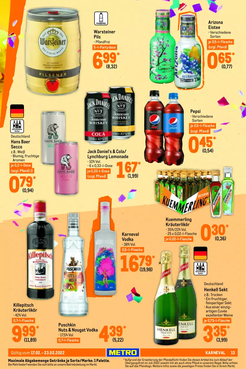 Aktueller Prospekt Metro - Food - von 17.02 bis 23.02.2022 - strona 13 - produkty: cola, cuvée, ecco, eis, eistee, elle, ente, flasche, frucht, getränk, getränke, henkel, henkell, henkell sekt, jack daniel, kräuter, kräuterlikör, kuemmerling, lemonade, likör, merl, Palette, pepsi, pils, regal, reis, rwe, sekt, steiner, tee, Ti, vodka, warsteiner, wein, weine