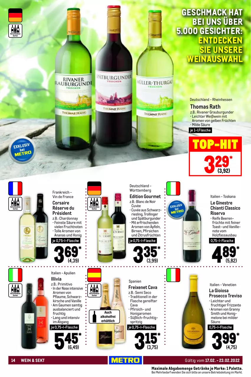 Aktueller Prospekt Metro - Food - von 17.02 bis 23.02.2022 - strona 14 - produkty: ananas, Bau, beere, beeren, Birnen, burgunder, Cava, chardonnay, chia, chianti, classico, Corsaire, cuvée, decke, ecco, flasche, freixenet, frizzante, frucht, früchte, früchten, getränk, getränke, gin, grauburgunder, Holz, honig, honigmelone, kirsch, kirsche, La Gioiosa, mac, melone, Palette, pfirsich, pfirsiche, pflaume, primitivo, prosecco, riesling, riserva, Rivaner, schwarzriesling, sekt, spätburgunder, Ti, toast, trolli, trollinger, usb, vanille, vin de france, wein, Weißwein